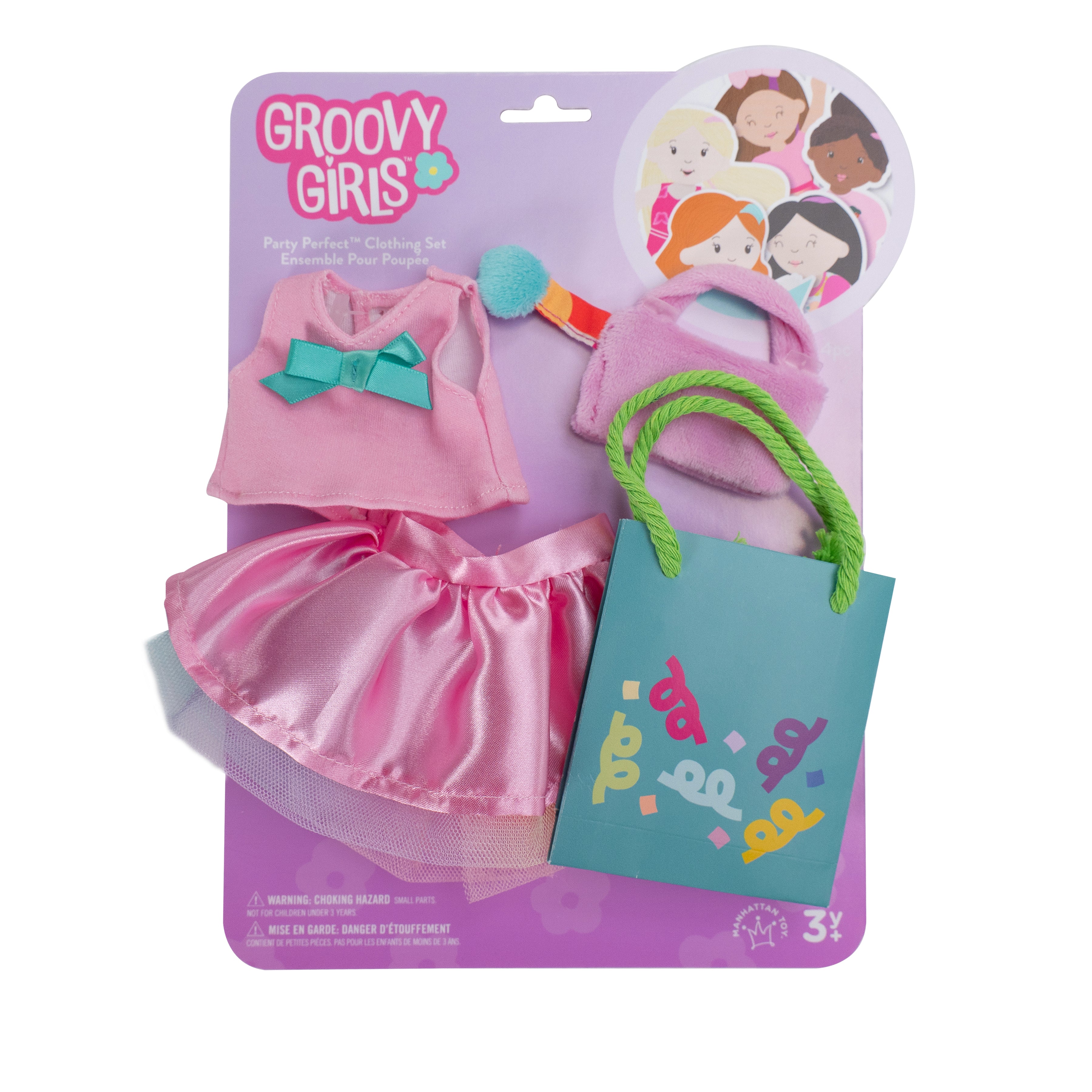 Pink doll shirt with blue bow, pink skirt, cloth purse, and paper gift bag in packaging.