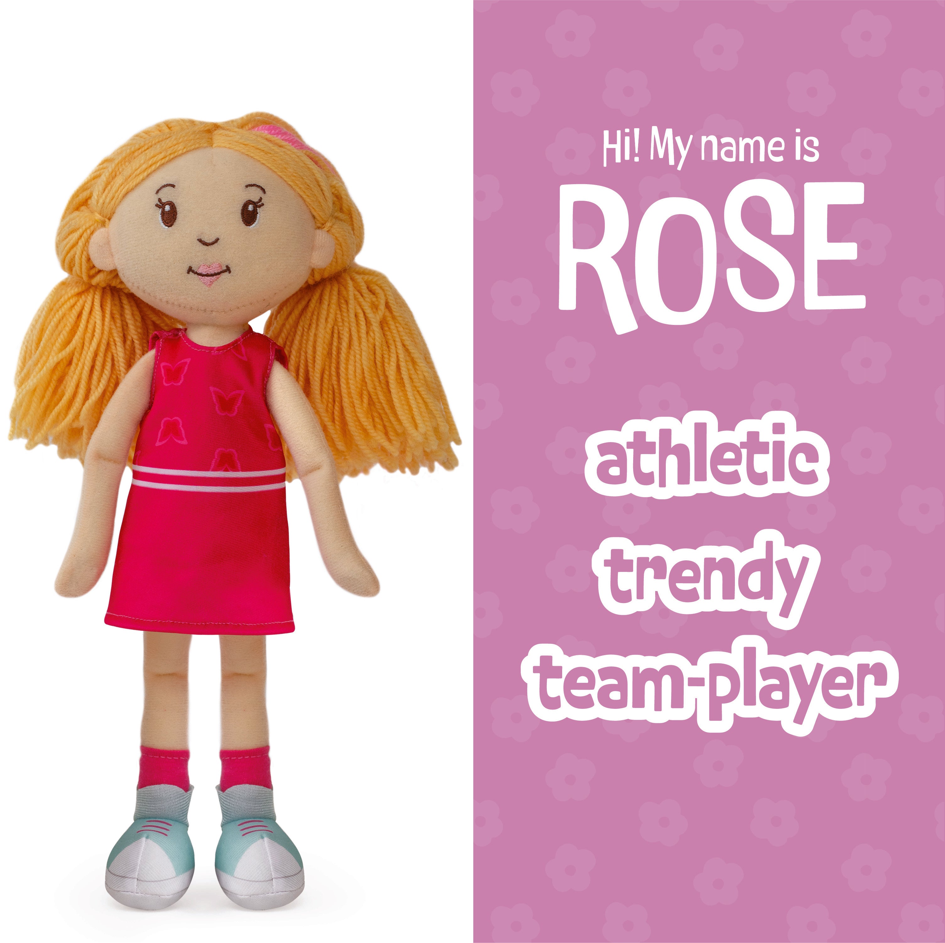 Plush doll with red dress on a purple background with text about the doll named Rose: athletic, trendy, team-player