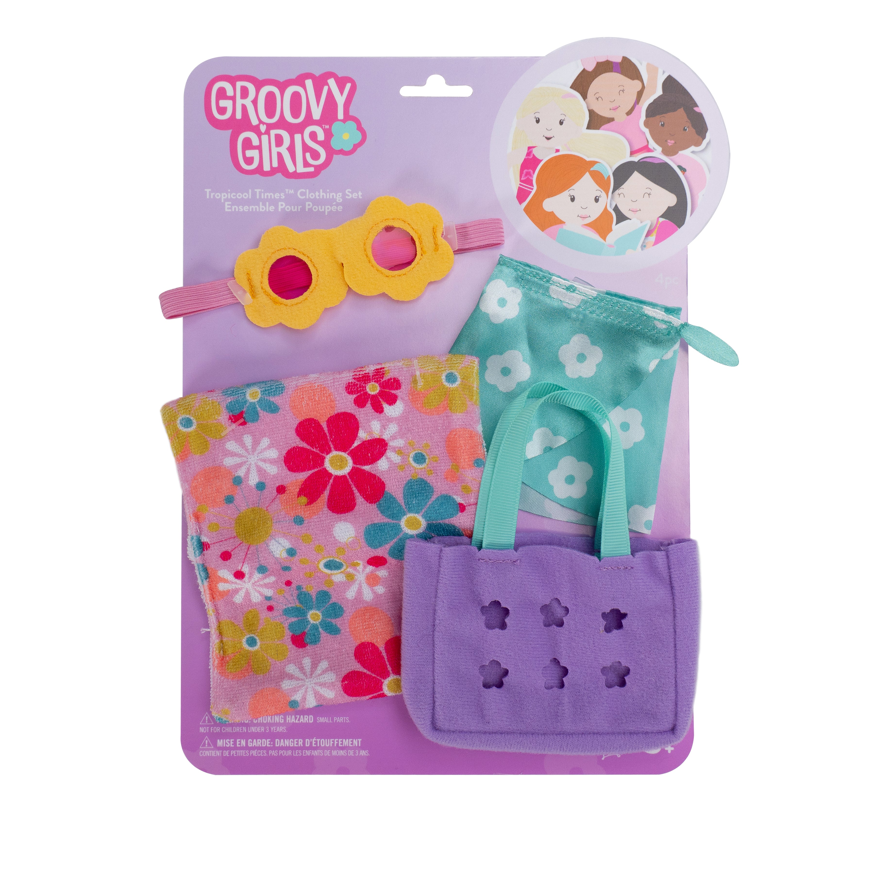 Blue floral doll wrap skirt, floral towel, purple bag, and flower goggles in packaging.
