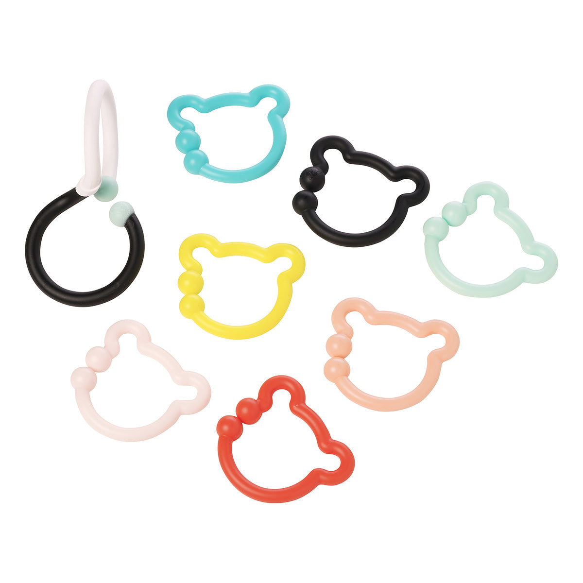 A black and white S-shaped hook next to 7 colorful bear-shaped rings.