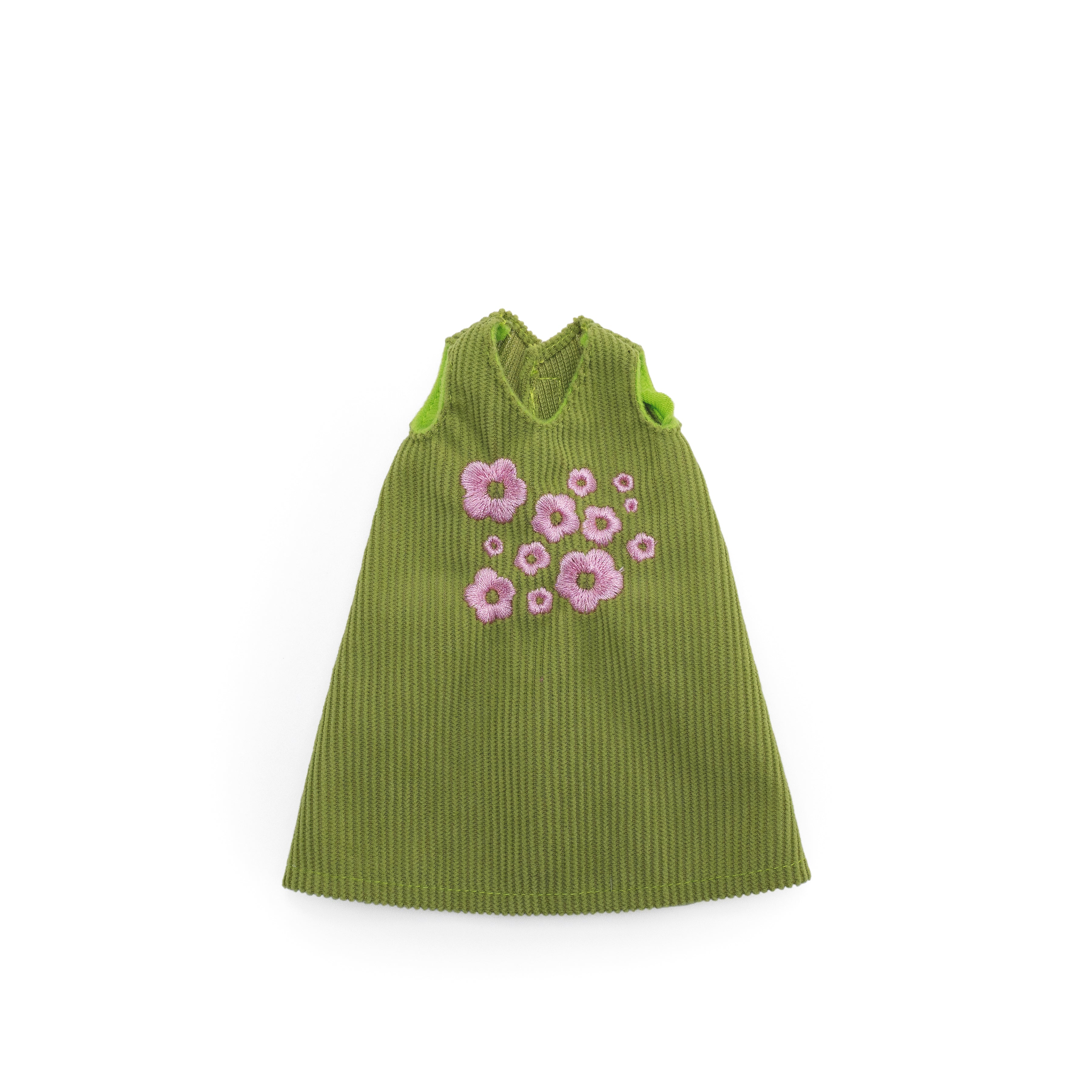 Green corduroy doll dress with pink embroidered flowers.