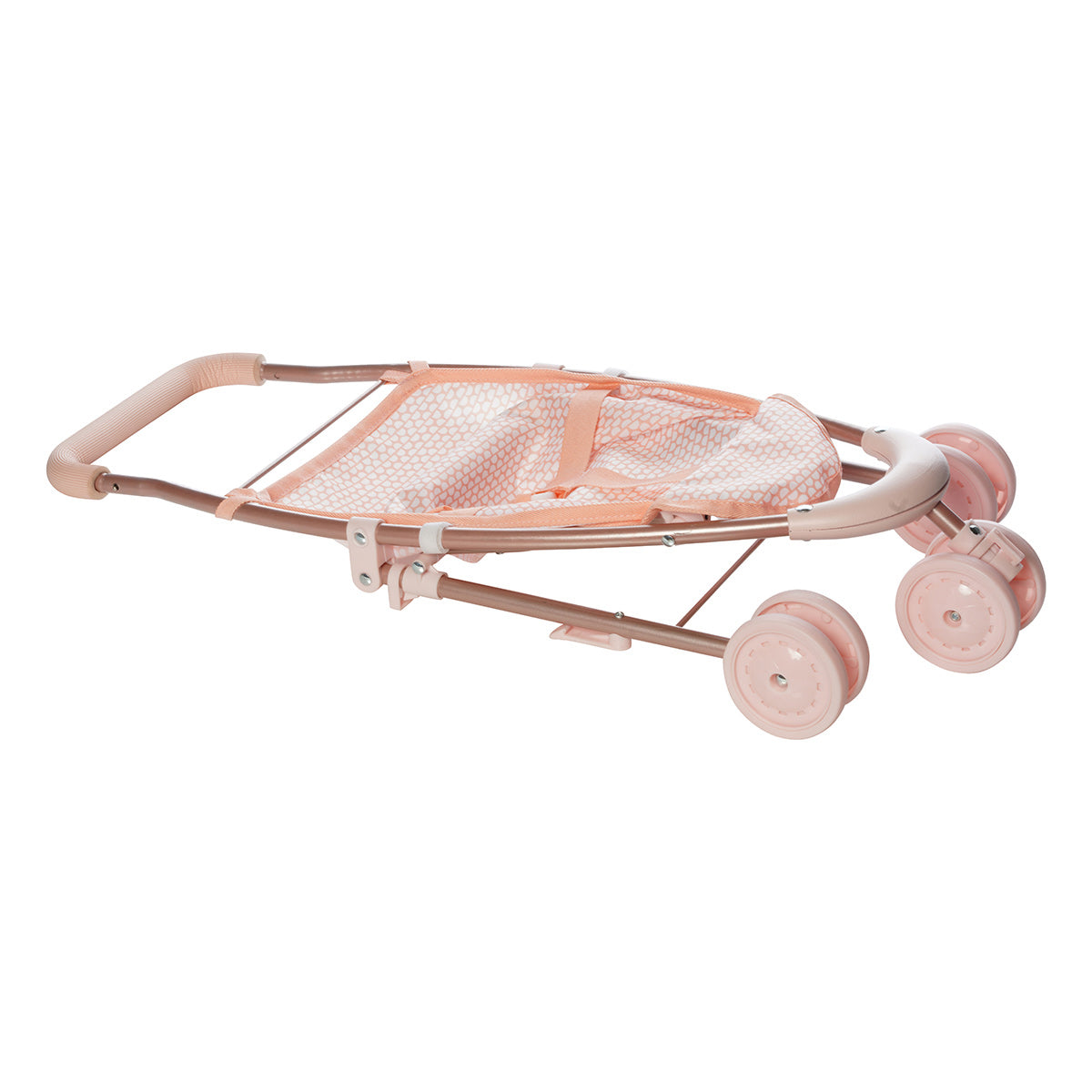 Aluminum pink doll stroller with three wheels, a fabric seat, and a soft handlebar is collapsed for easy storage.
