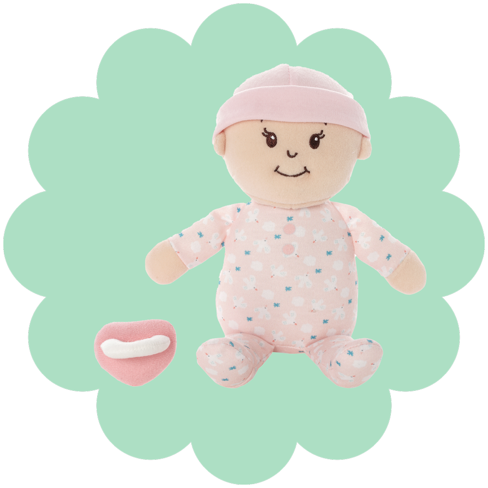 stella doll on a seafoam teal flower shaped background