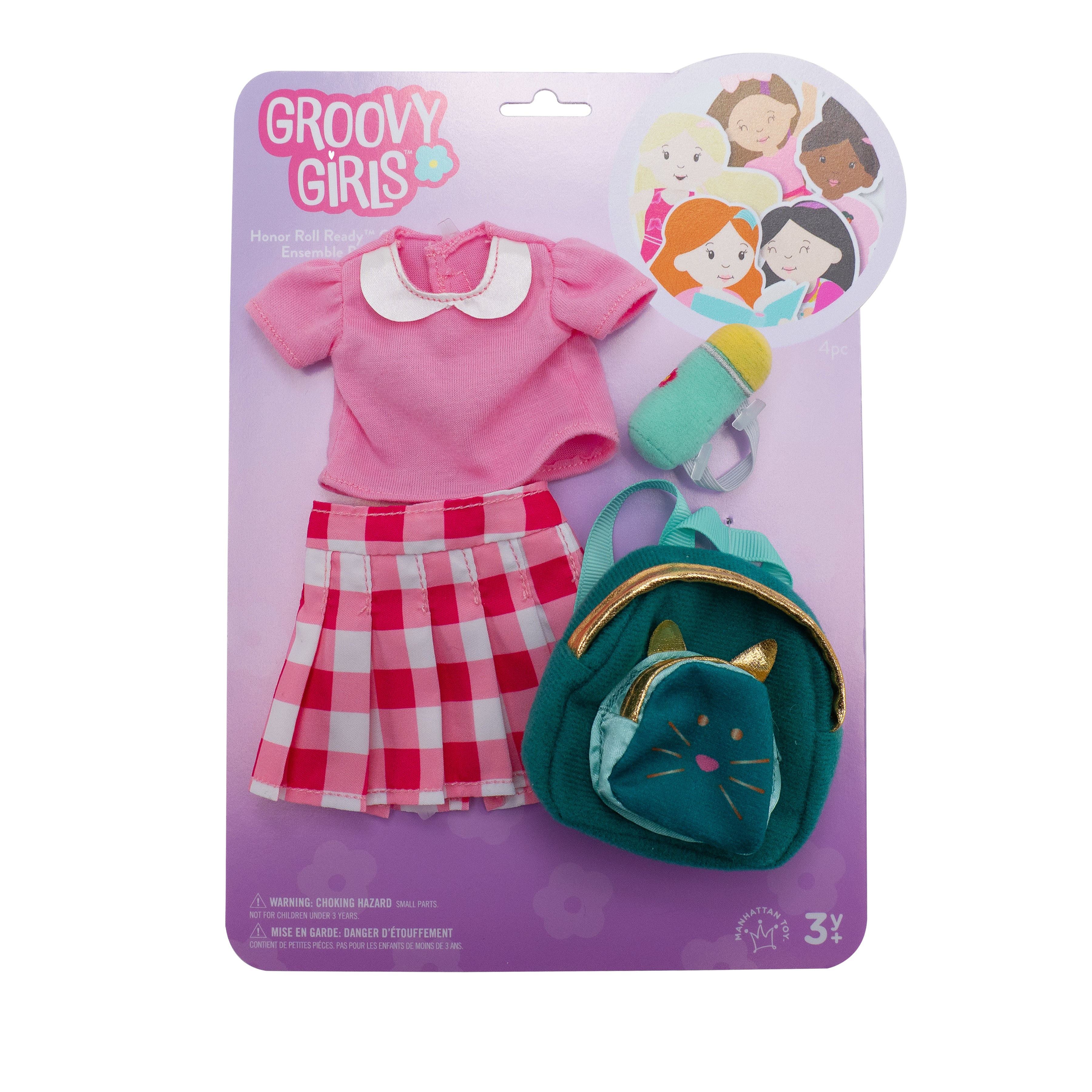 Doll pink collared shirt, gingham skirt, backpack, and water bottle in packaging.