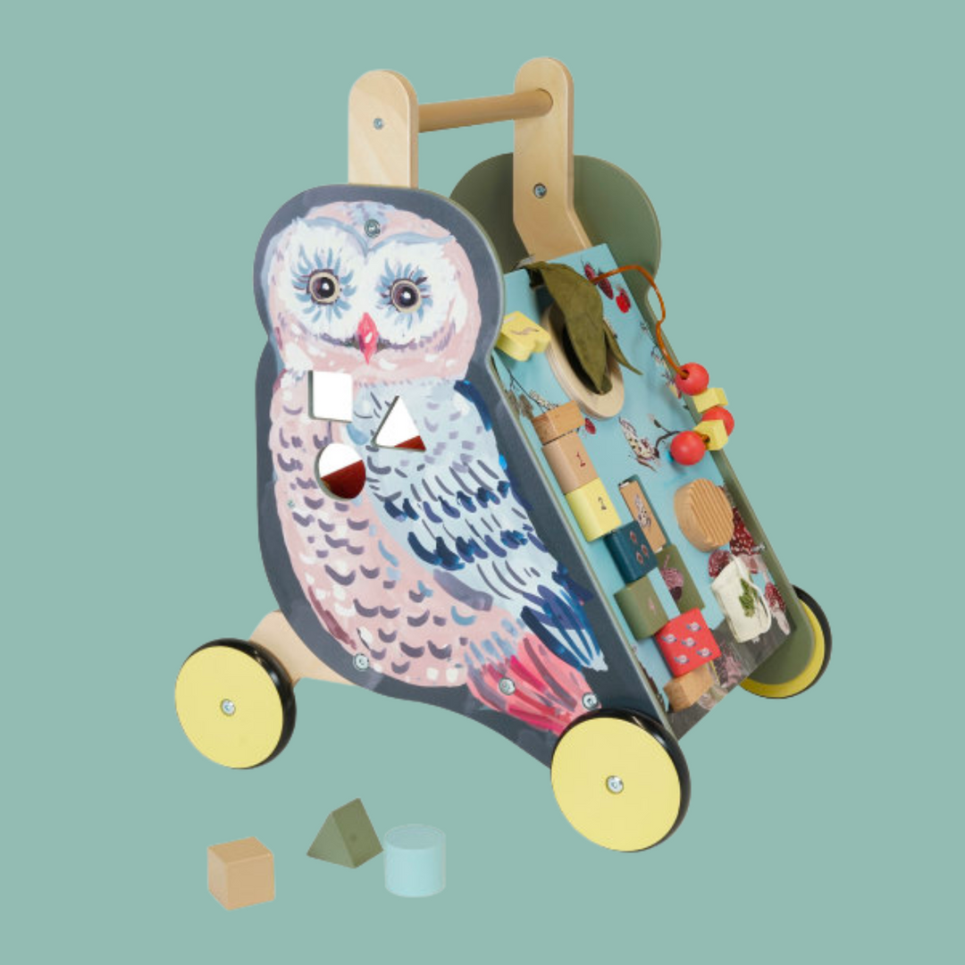 Wooden push cart for children with large owl painted on the side.