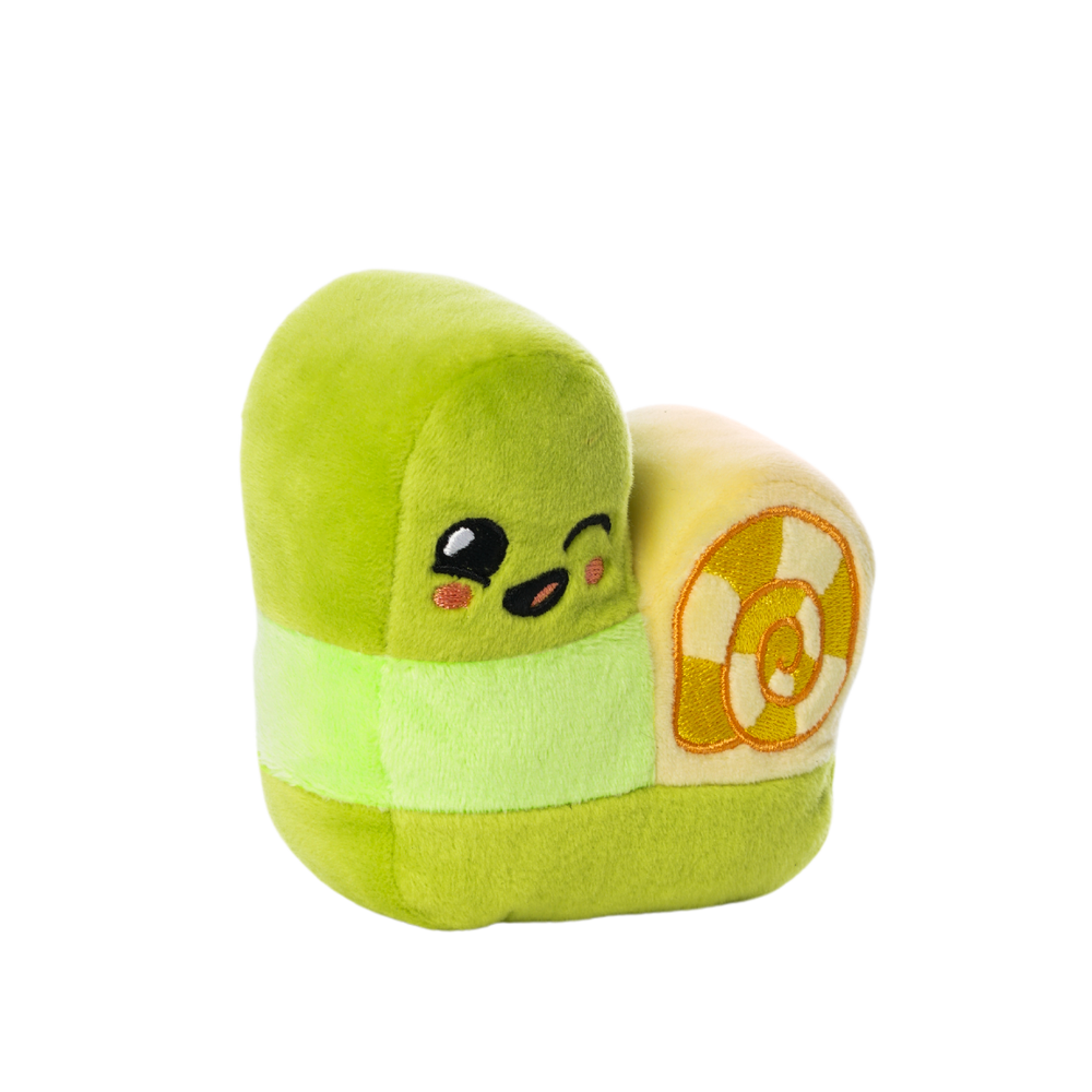 Plush toy shaped like a smiling green snail with a yellow spiral shell, embroidered eyes, and a winking expression.