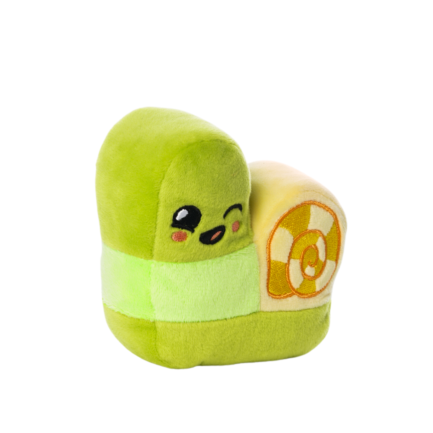 Plush toy shaped like a smiling green snail with a yellow spiral shell, embroidered eyes, and a winking expression.