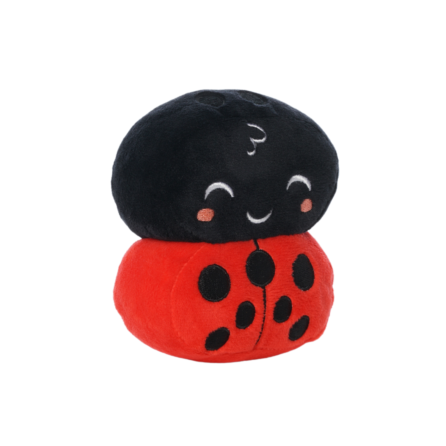 Plush ladybug toy with a black head, red body, black spots, and a smiling embroidered face.