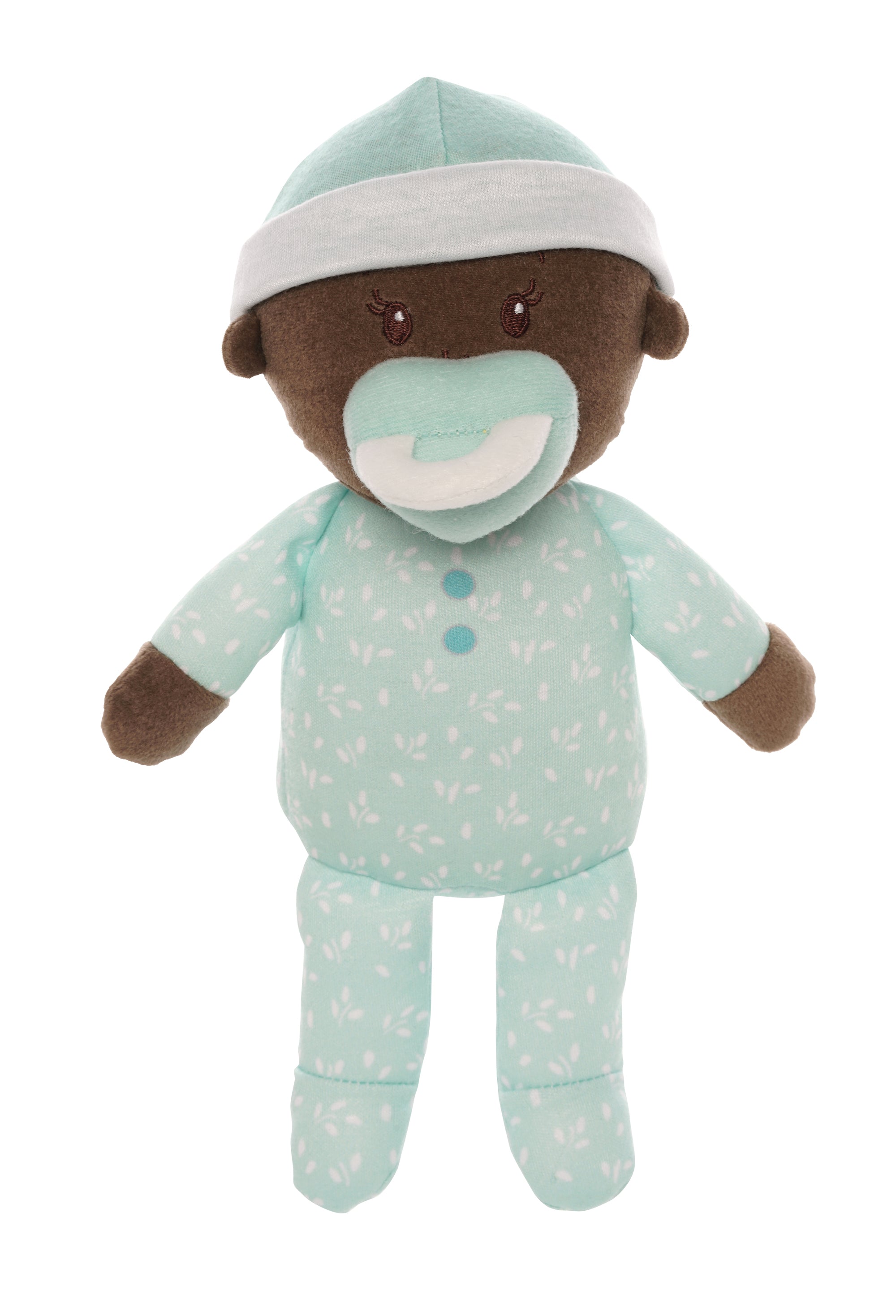 soft baby snuggle doll with brown skin that includes a magnetic pacifier