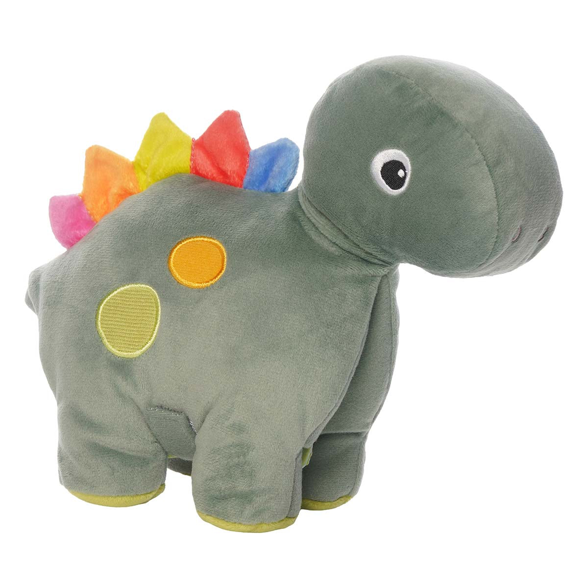 Front angled view of a plush green dinosaur with colorful spikes on its back and two colorful textured spots on its side.