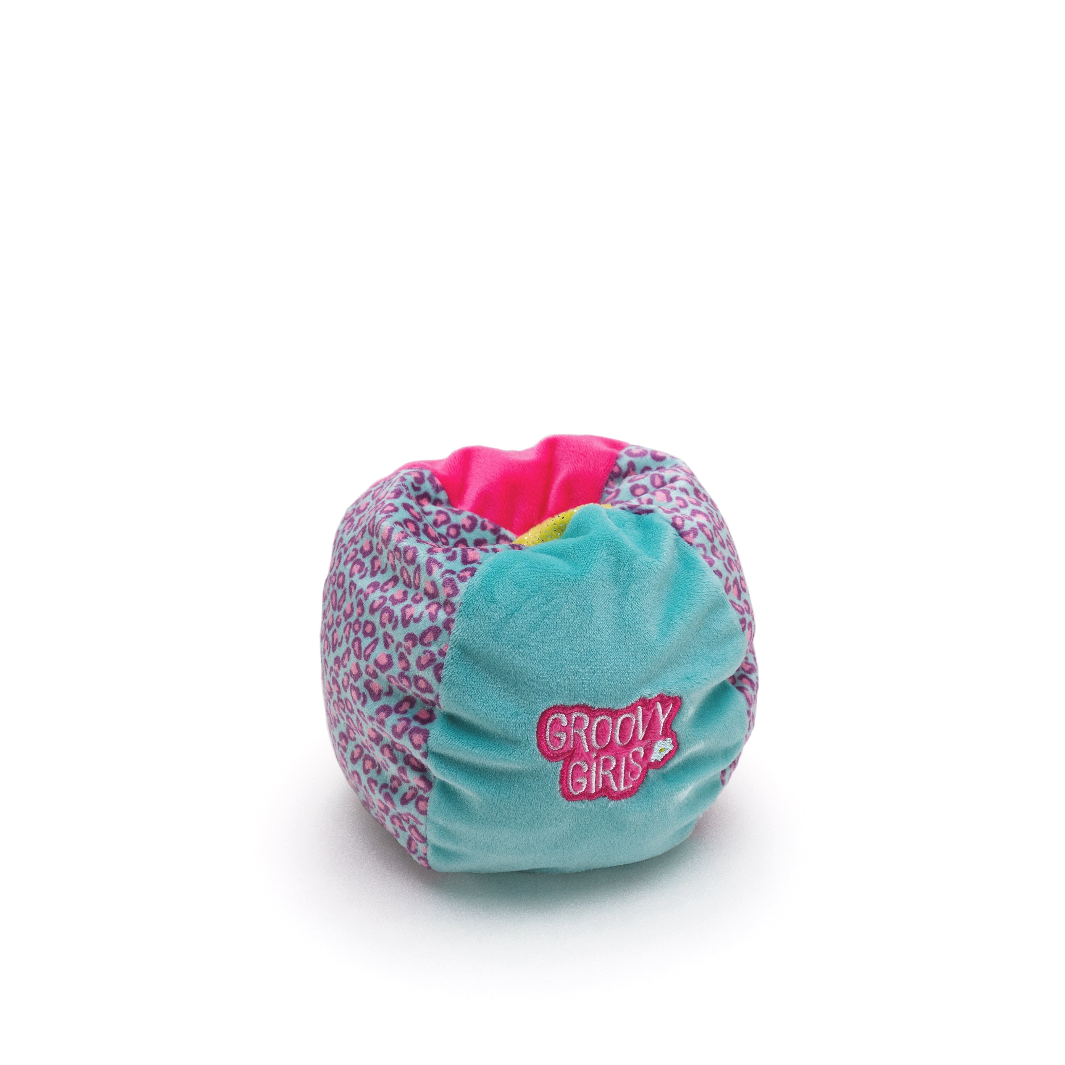 Soft doll beanbag chair with blue, pink, and animal print patterned sections.