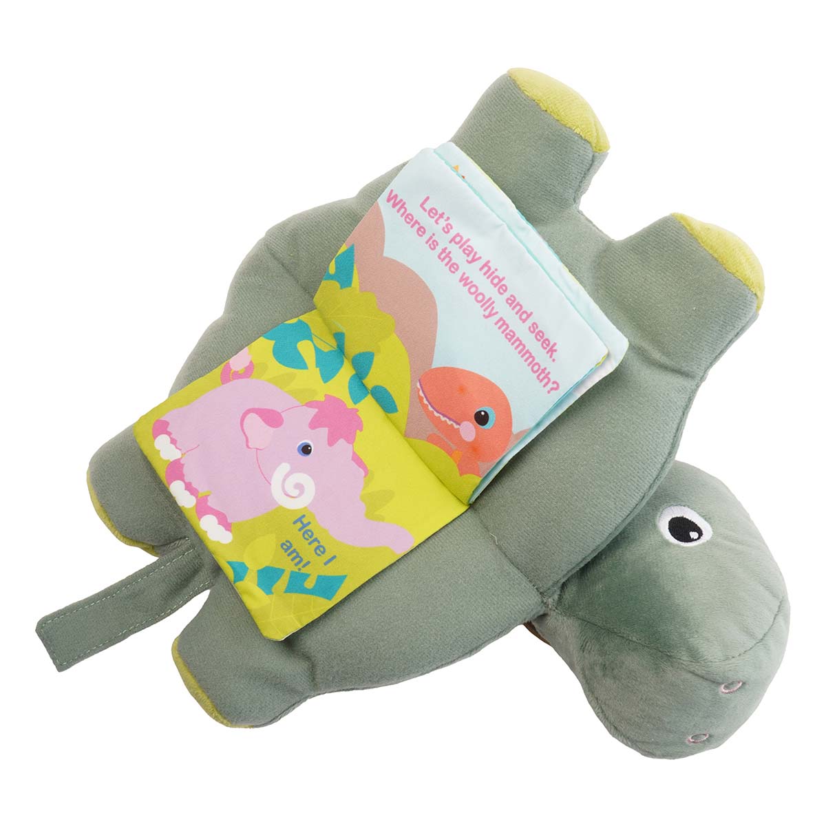 Plush green dinosaur's belly opens up to reveal a baby book with vibrant colored soft crinkle pages.