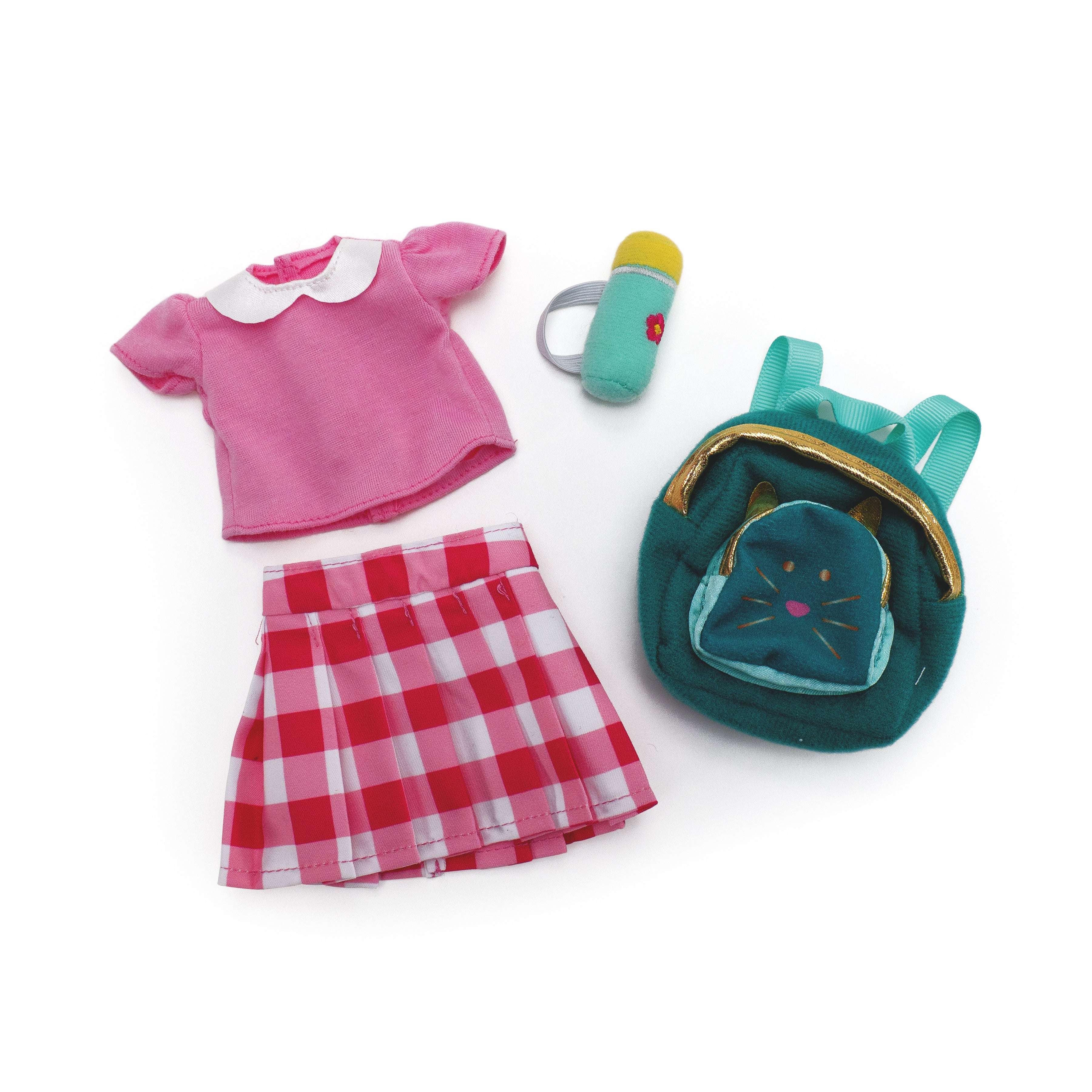 Doll pink collared shirt, gingham skirt, backpack, and water bottle.