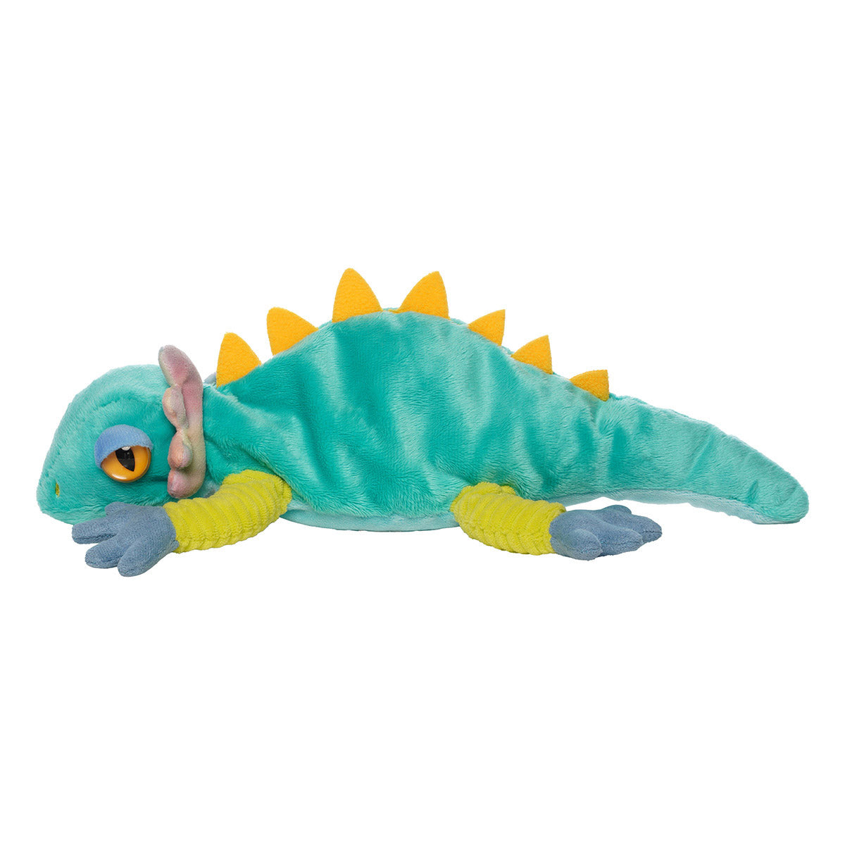 Side view of a plush teal lizard with green sprawled out legs, blue feet, orange spikes, and big orange eyes.