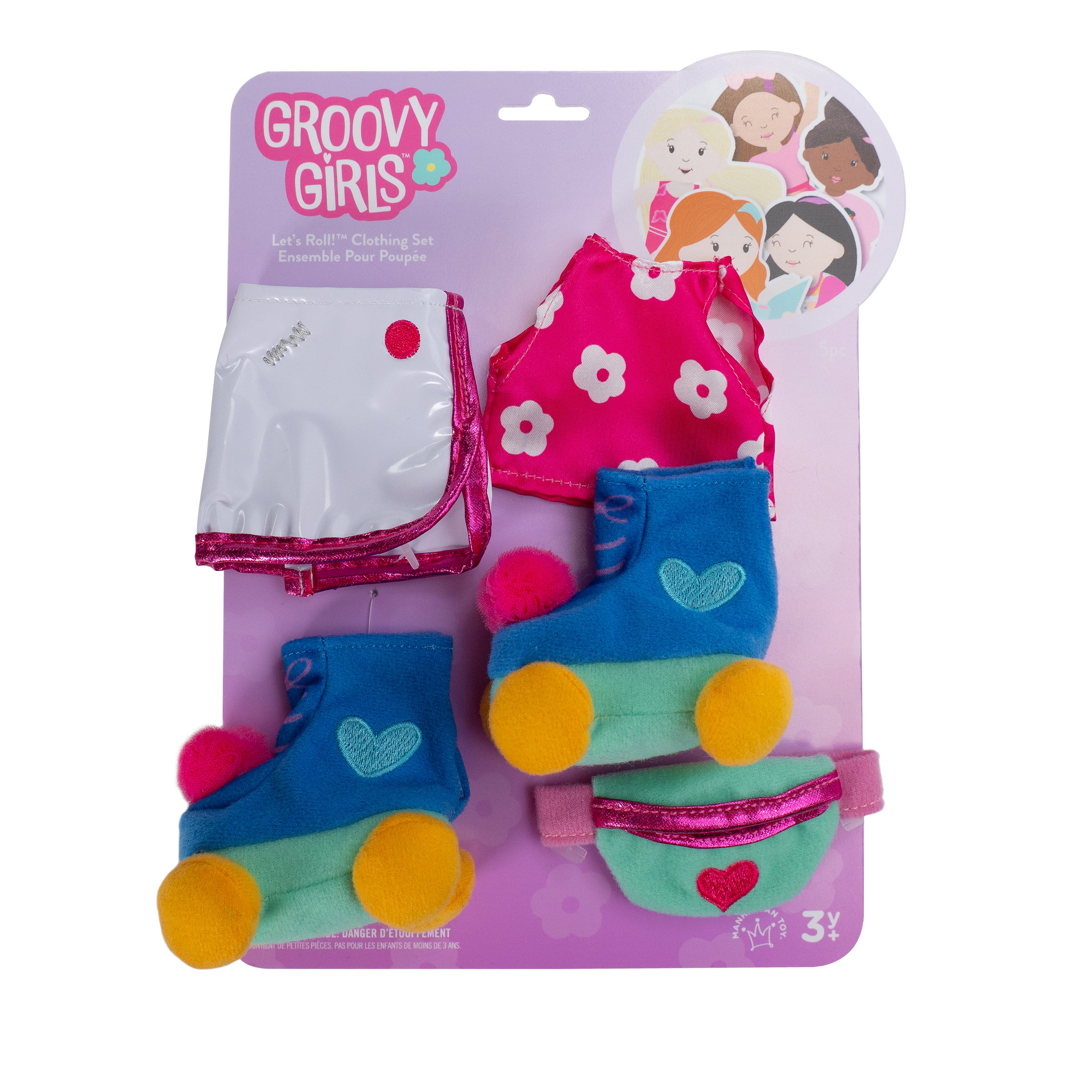 Pink floral doll shirt with athletic skirt, roller skates, and waist bag in packaging.