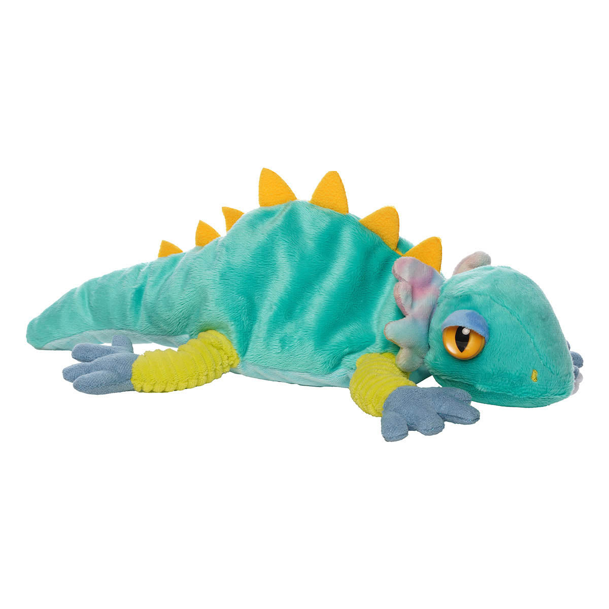 Side view of a plush teal lizard with green sprawled out legs, blue feet, orange spikes, and big orange eyes.