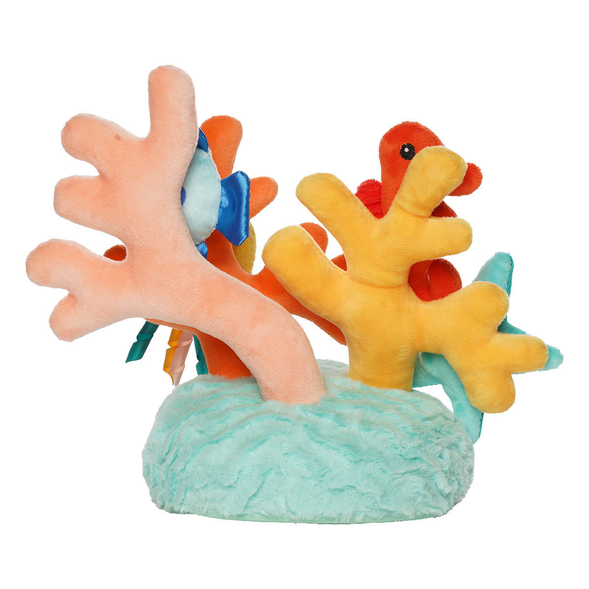 Back view of plush blue base with yellow and orange coral. Multicolored sea creatures magnetically attach to front of coral.