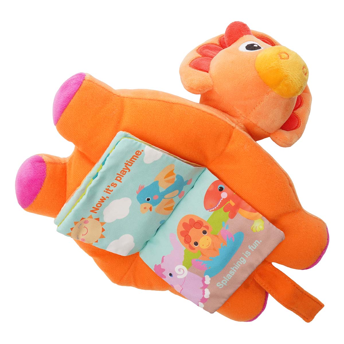 Plush orange dinosaur's belly opens up to reveal a baby book with vibrant colored soft crinkle pages.