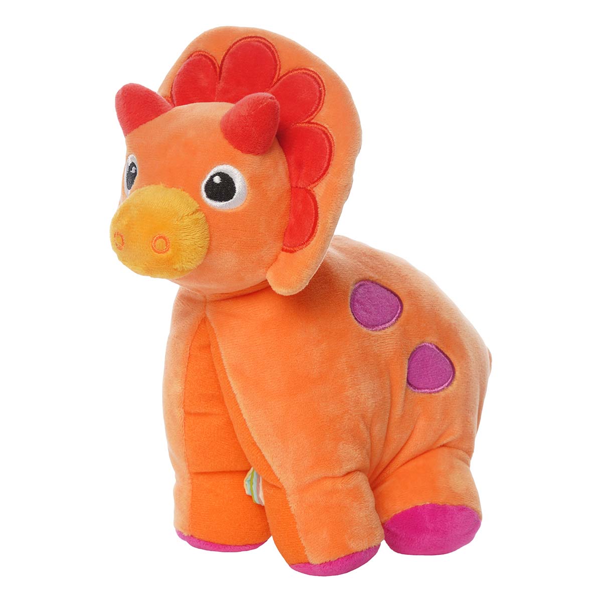 Front angled view of a plush orange triceratops with two colorful textured spots on its side.