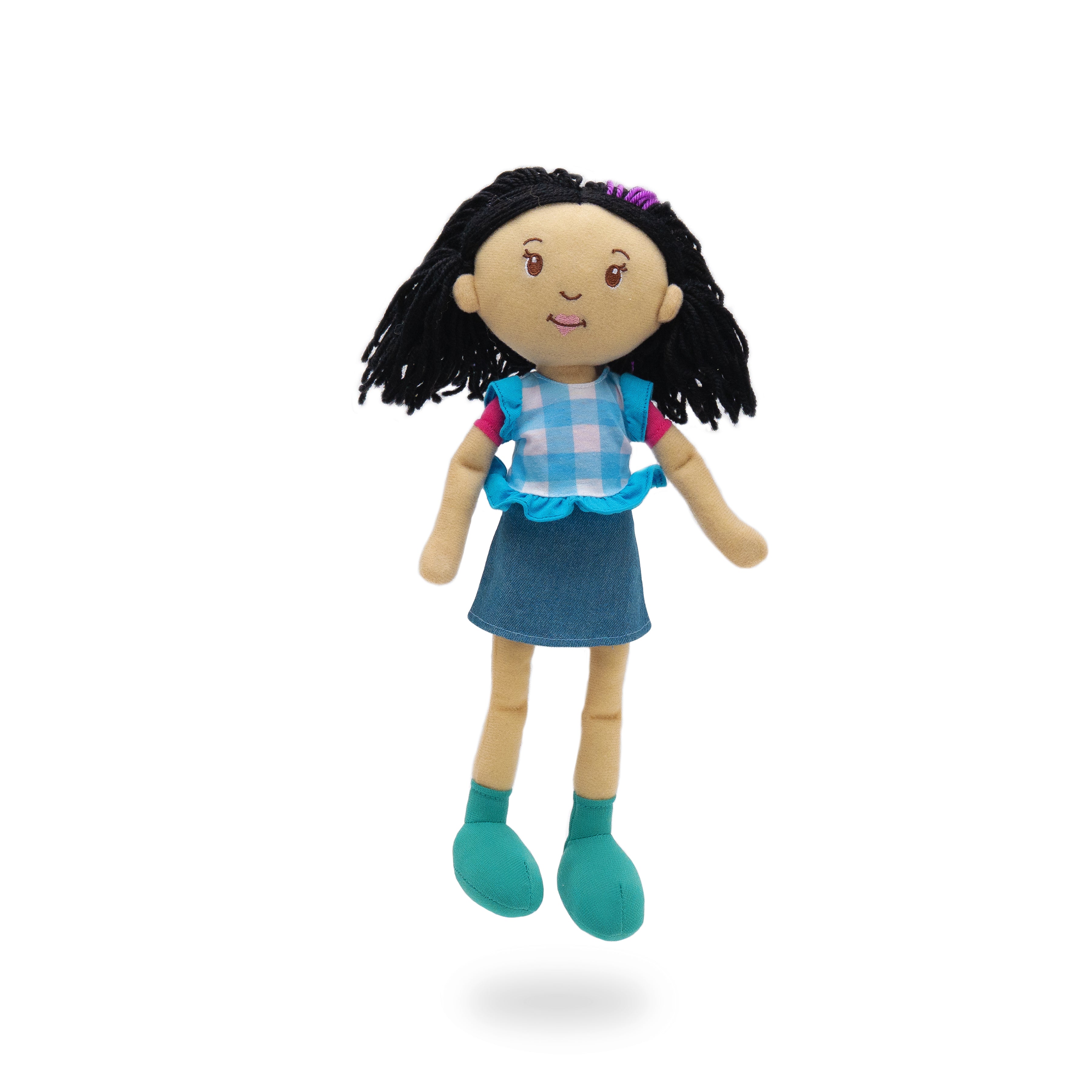 Soft doll wearing blue gingham doll shirt with frilly sleeves and classic denim skirt.