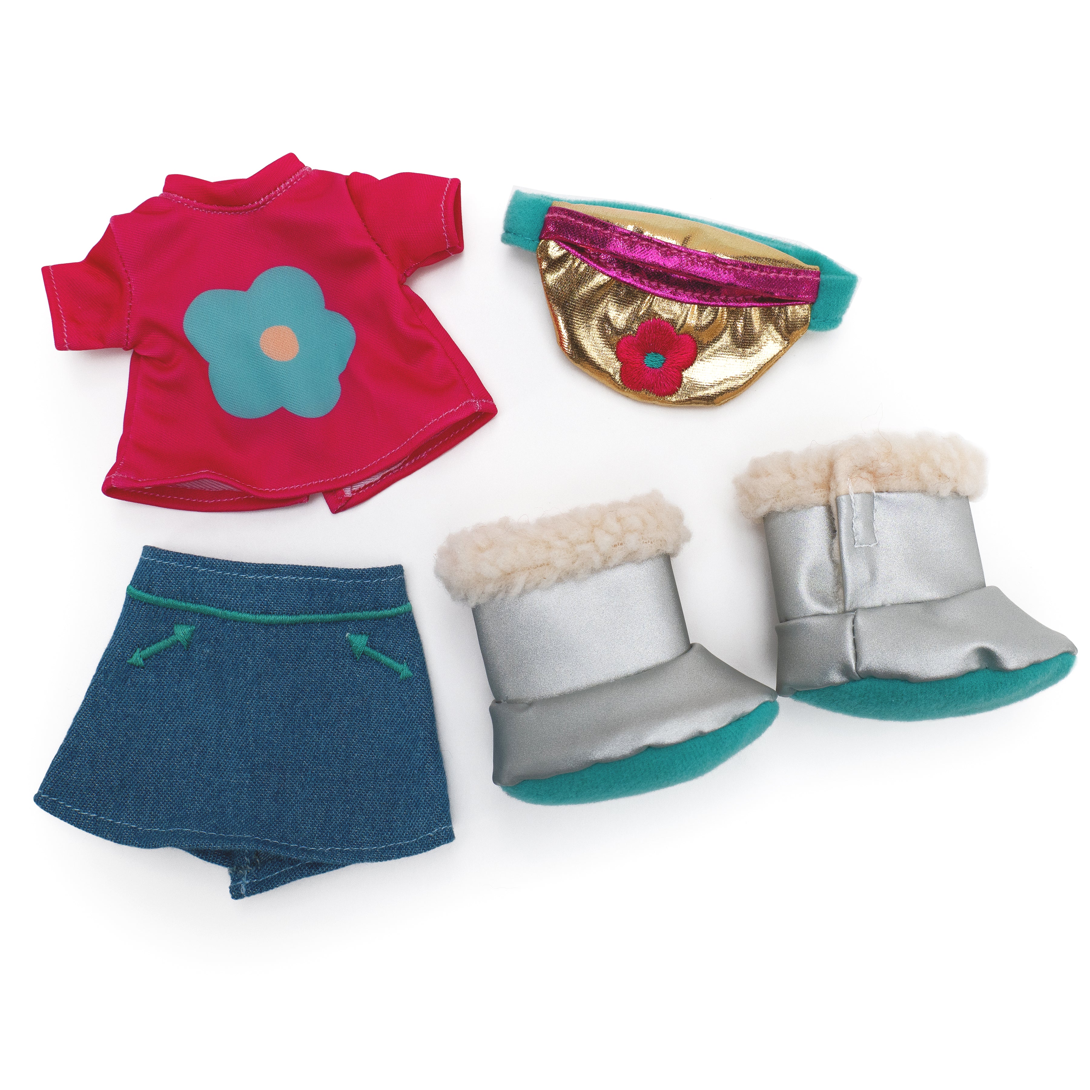 Pink doll shirt with blue flower, denim skirt, silver boots, and gold waist bag.