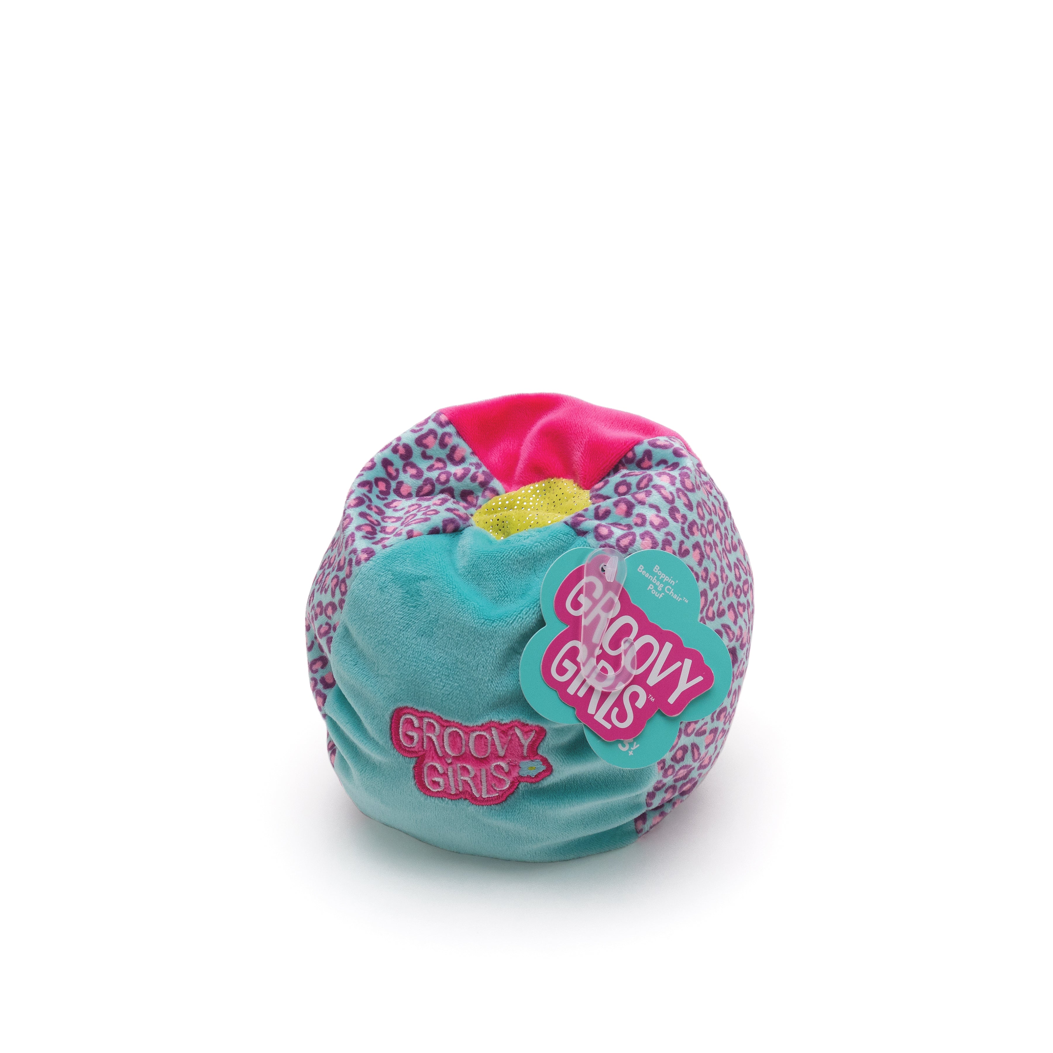 Soft doll beanbag chair with blue, pink, and animal print patterned sections. With Groovy Girls hangtag.