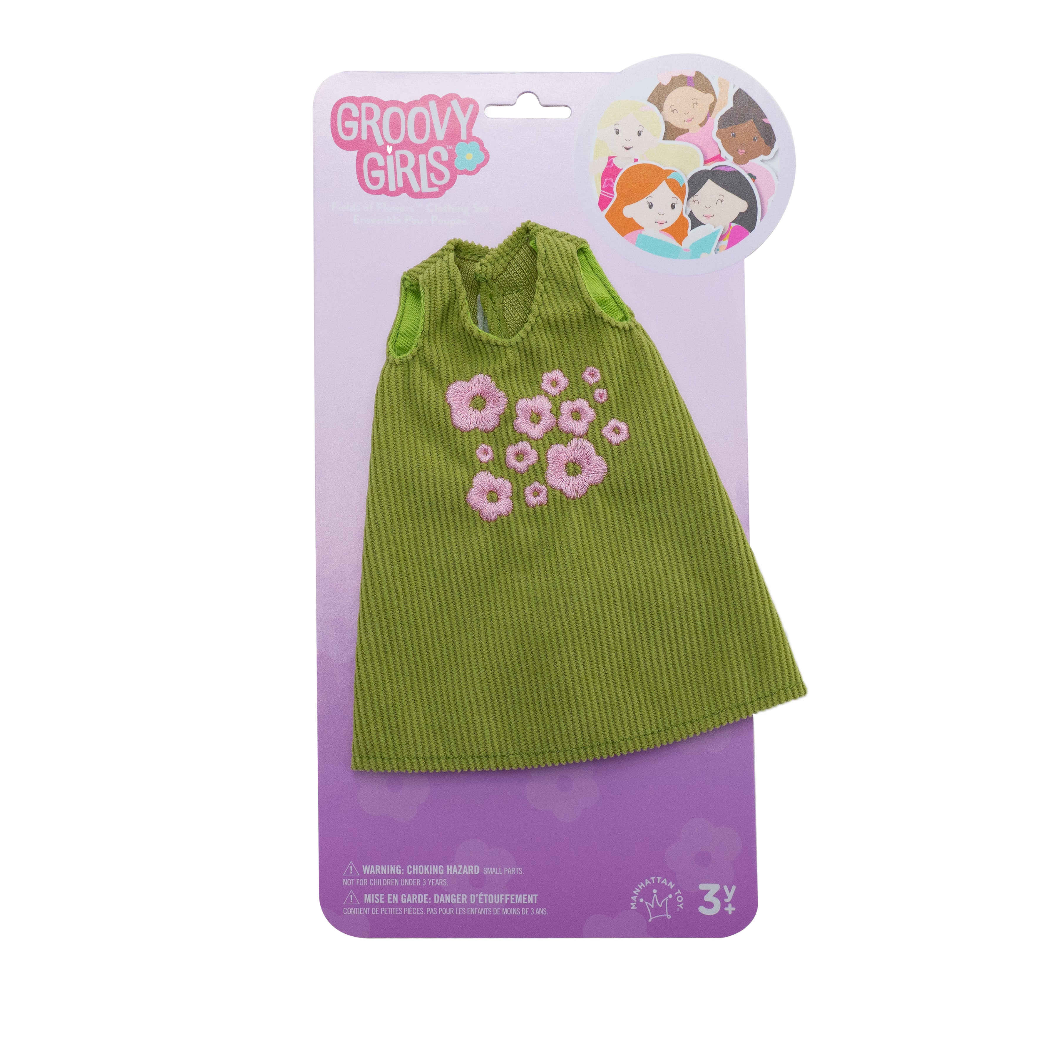 Green corduroy doll dress with pink embroidered flowers in packaging.