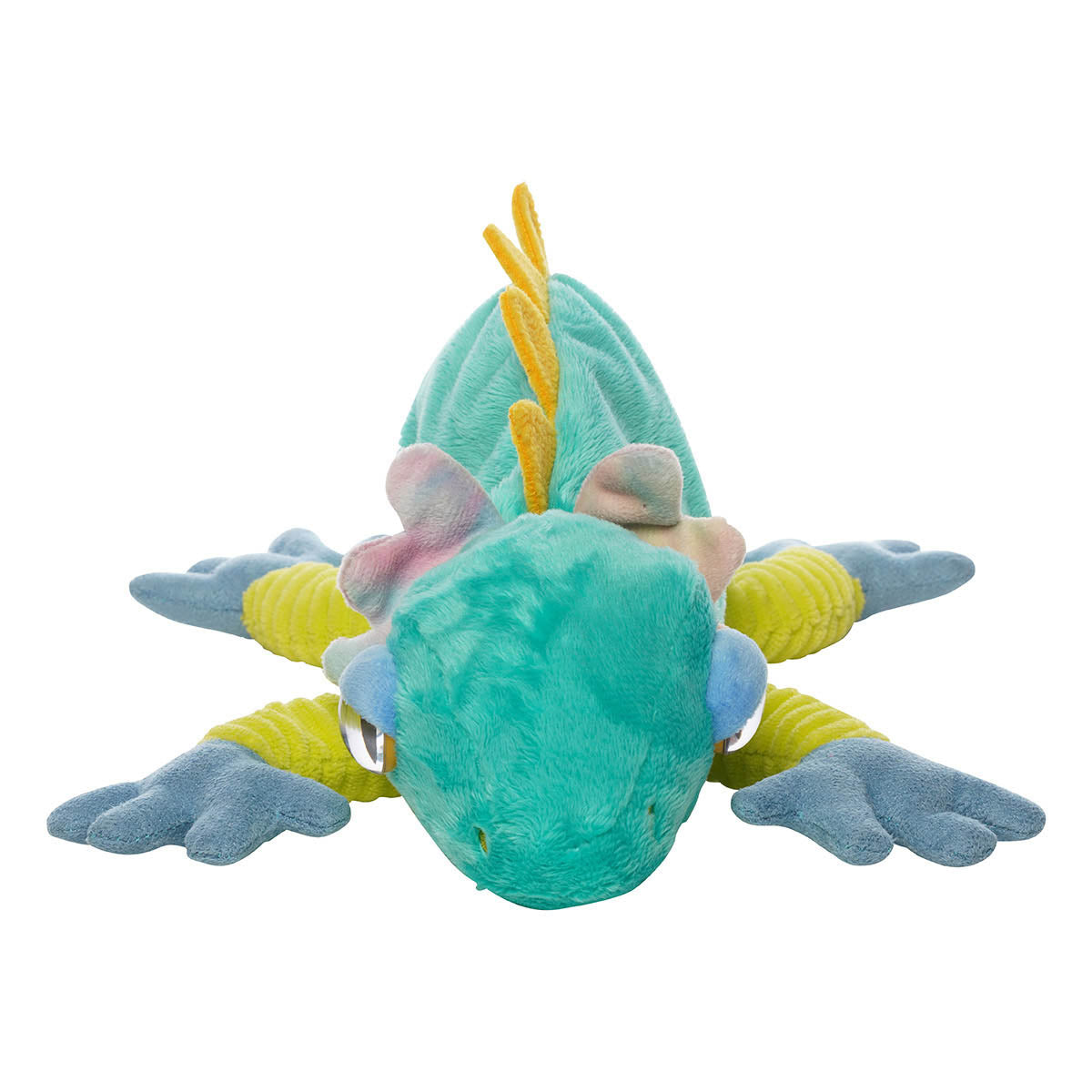 Front view of a plush teal lizard with green sprawled out legs, blue feet, orange spikes, and big orange eyes.