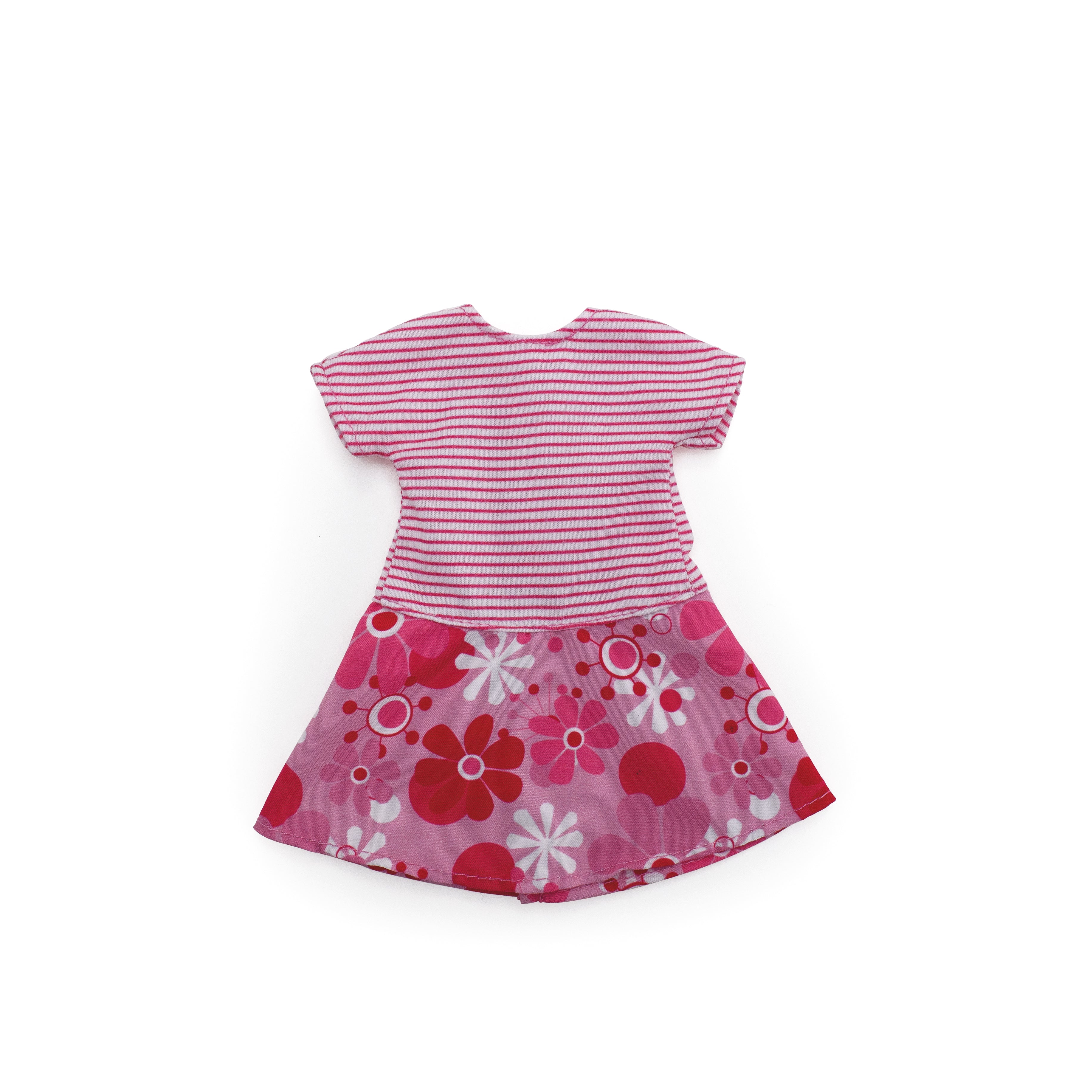 Pink doll dress with stripes on top and a floral pattern on bottom.