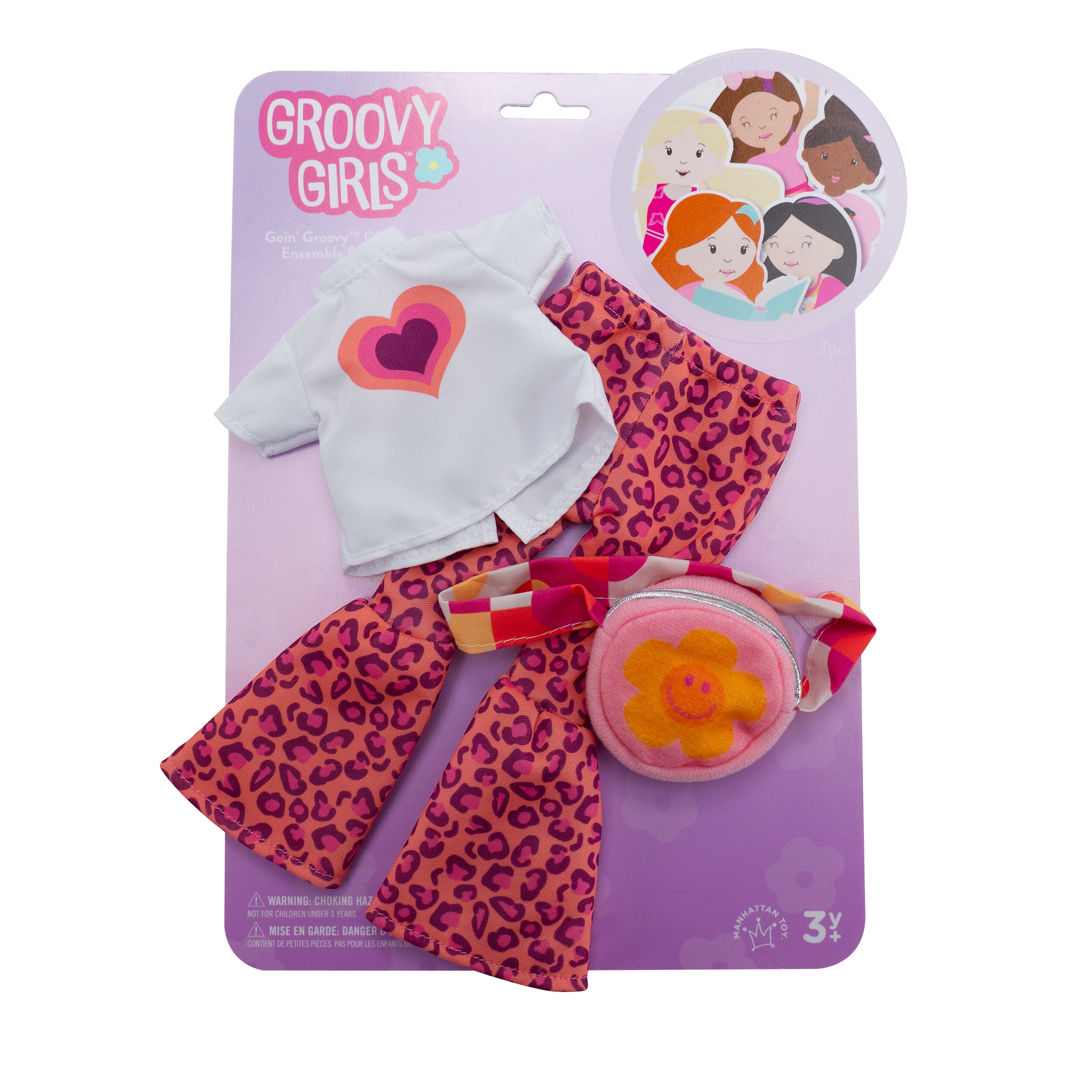 White doll t-shirt with heart, animal print pants, and flower purse in packaging.