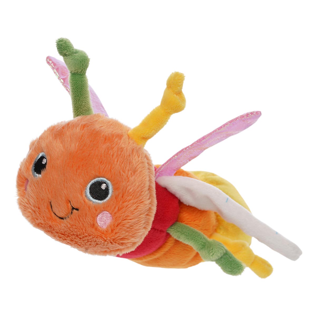 Angled view of plush dragonfly puppet with an orange head, multicolored body, legs, and antennae, and pink and white wings.