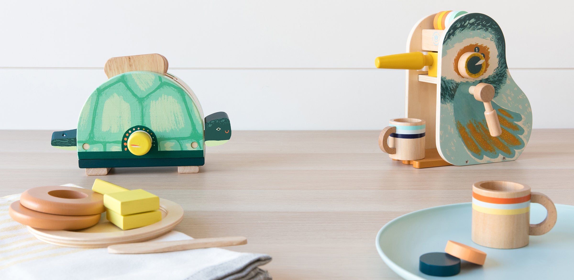 Cooking and food toys on wood table
