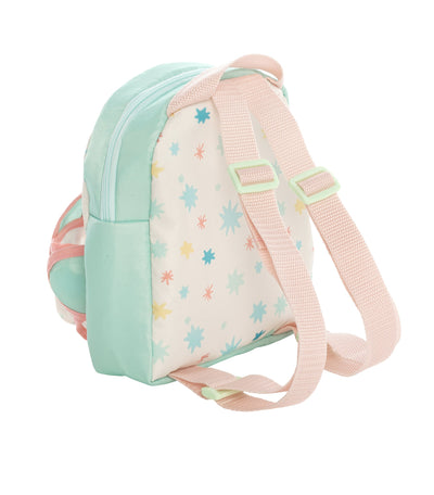 backpack carrier doll accessory with zippered pouch for storage and carrier straps on front for holding soft baby dolls