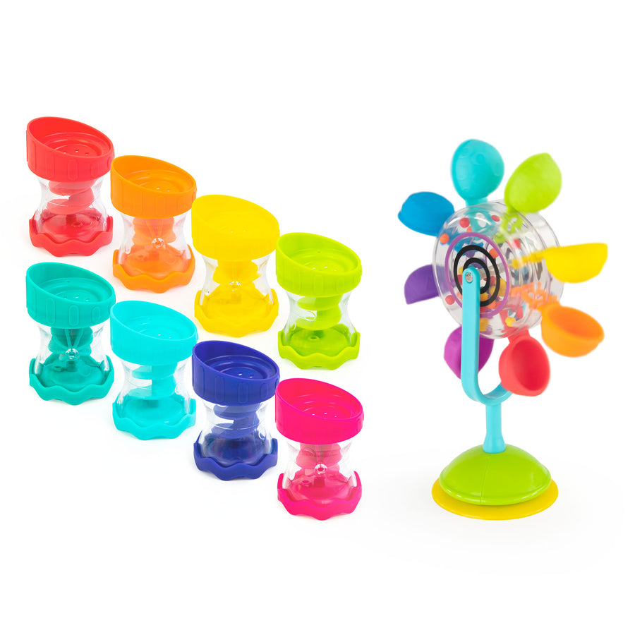 colorful bath toy set with suction cup toy and spinners