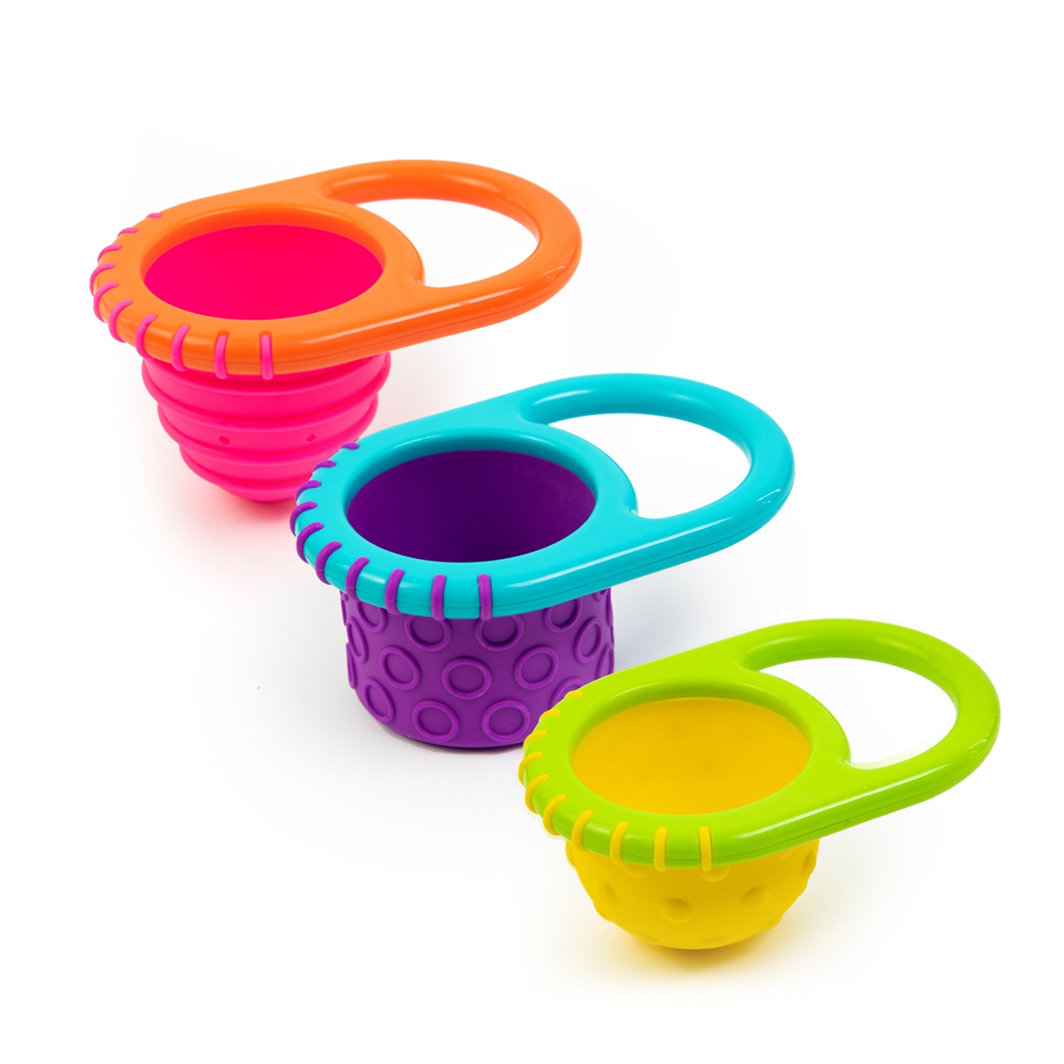 colorful bath toy set with suction cup toy, cups and spinners