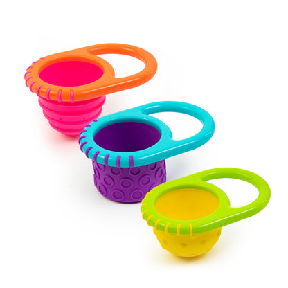 colorful bath toy set with suction cup toy, cups and spinners