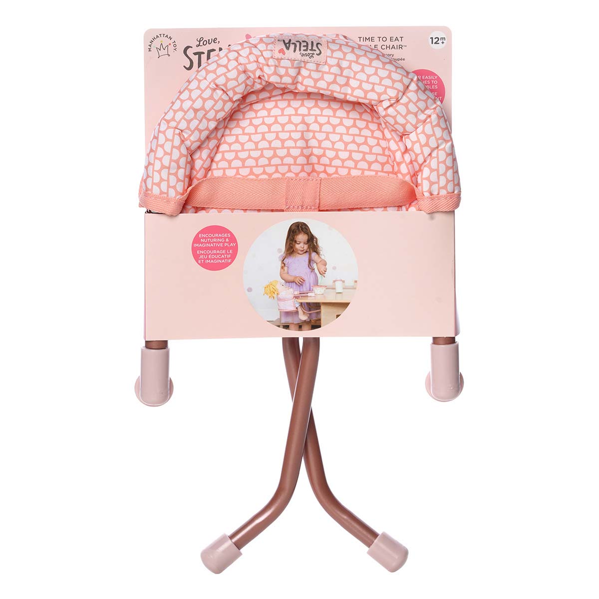 Pink doll table chair with packaging featuring a doll and text on a white background
