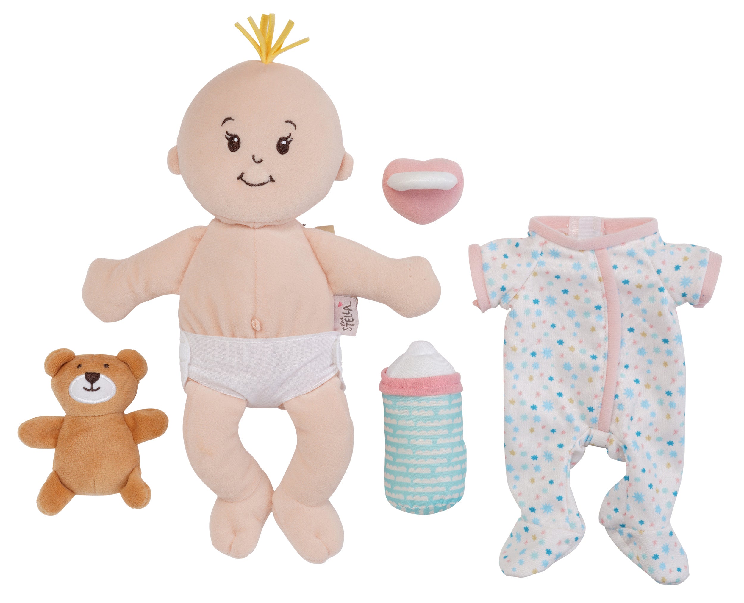 Soft baby doll playset with a blond tuft doll, teddy bear, bottle, pacifier, and star print pajamas.