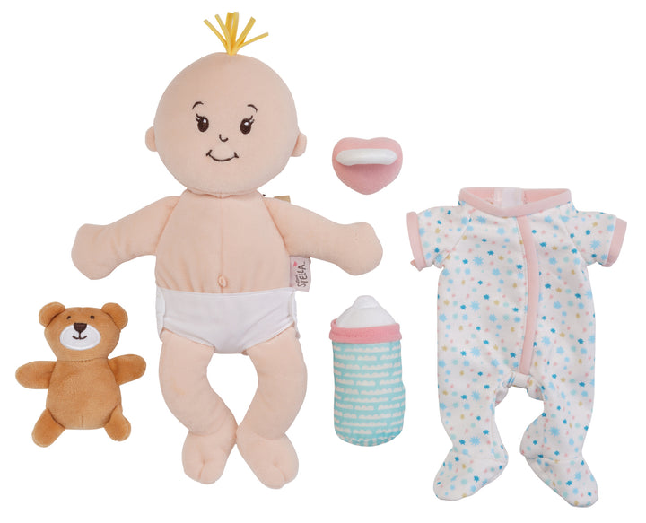 Soft baby doll playset with a blond tuft doll, teddy bear, bottle, pacifier, and star print pajamas.