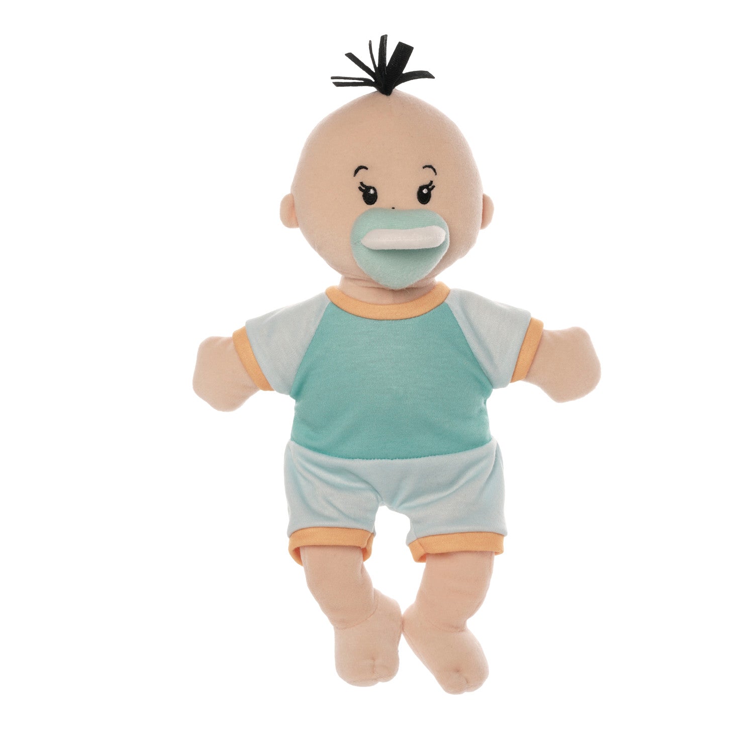 soft baby doll with peach skin and black hair tuft in a short sleeve and shorts outfit seated with a blue magnetic pacifier attached to the face