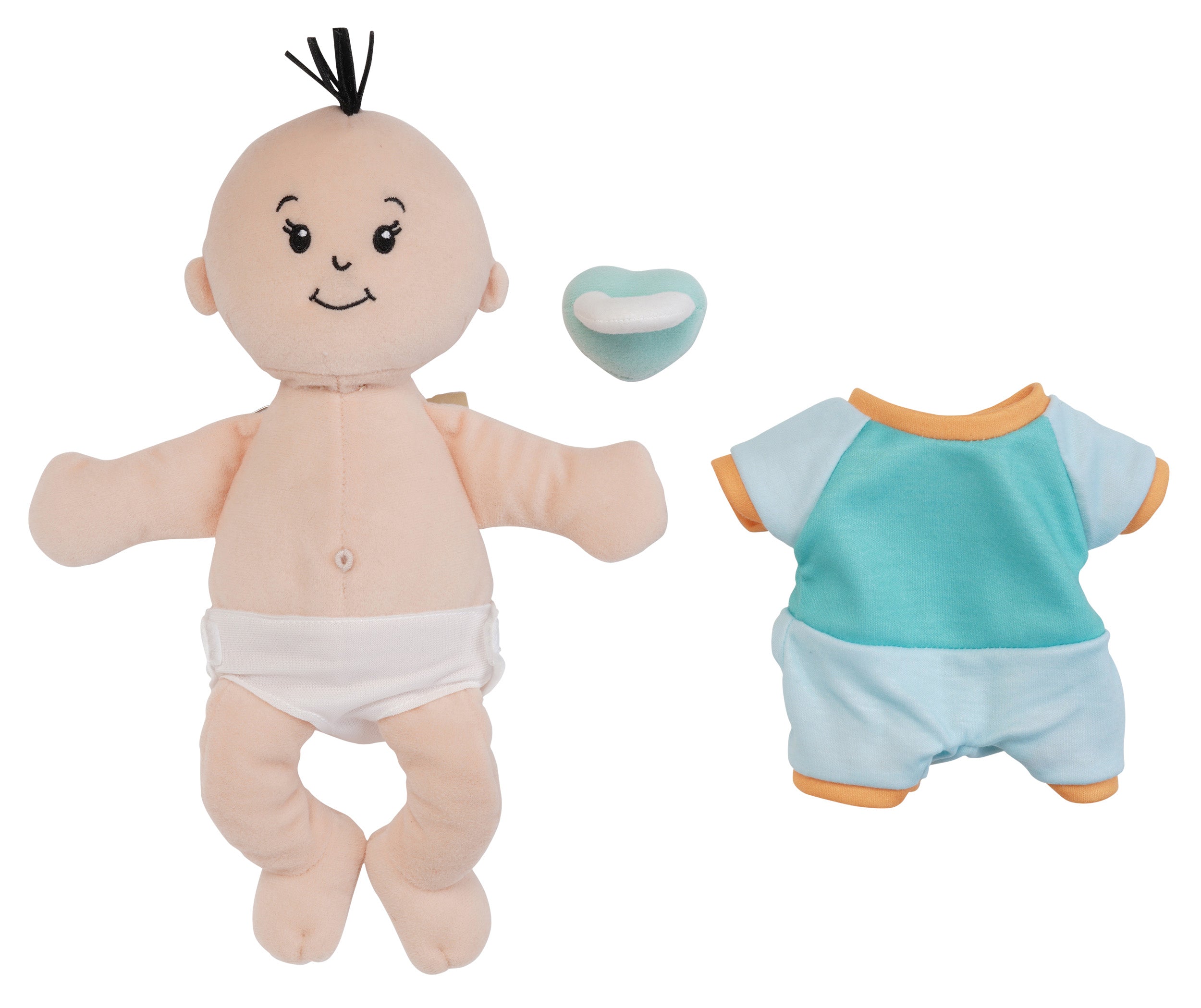 peach skinned soft baby doll with outfit removed and magnetic pacifier off to the side of the doll to show the fabric belly button and removable fabric diaper on the doll.