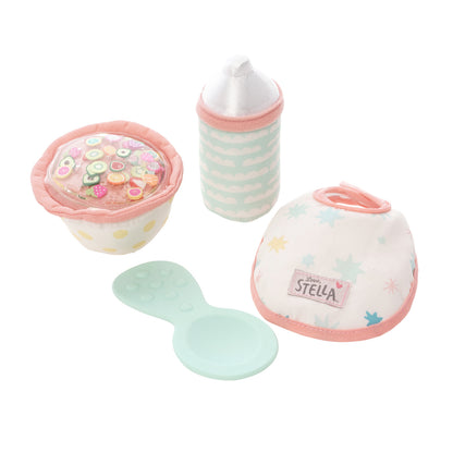 pretend feeding set with a food bowl with gel-filled top a plastic spoon a fabric bib and magnetic bottle