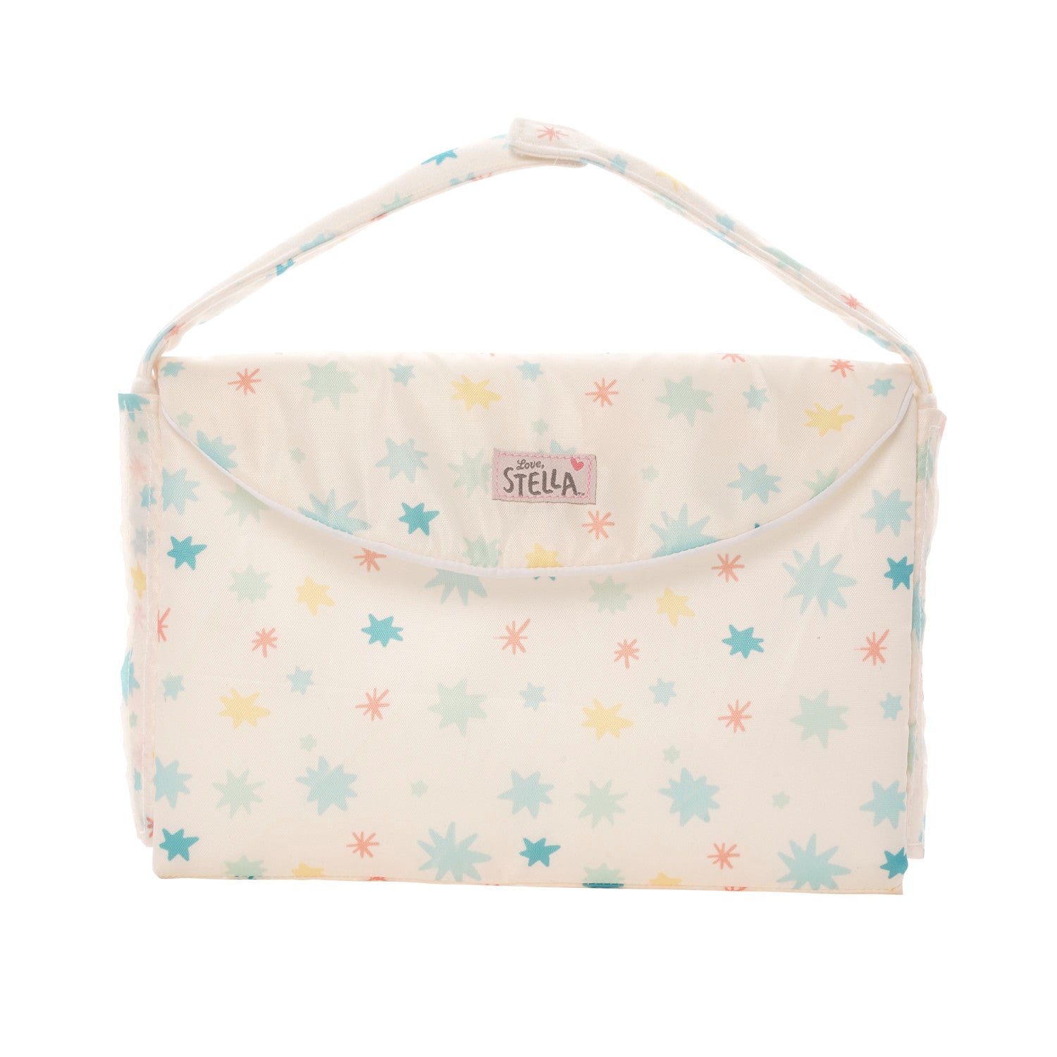 baby doll diaper bag with colorful blue, yellow and pink stars