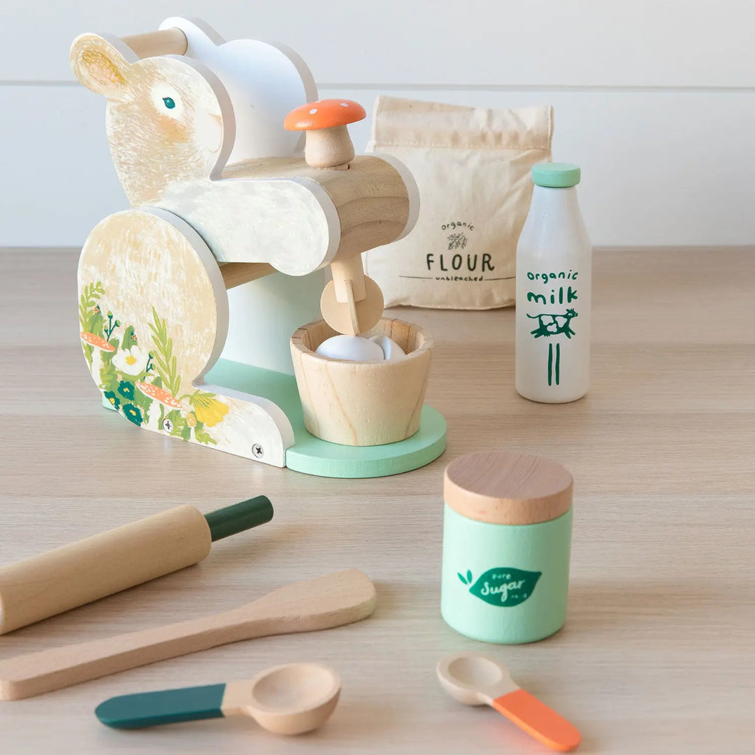 baking toy that looks like a bunny made out of wood. full set of toy baking items