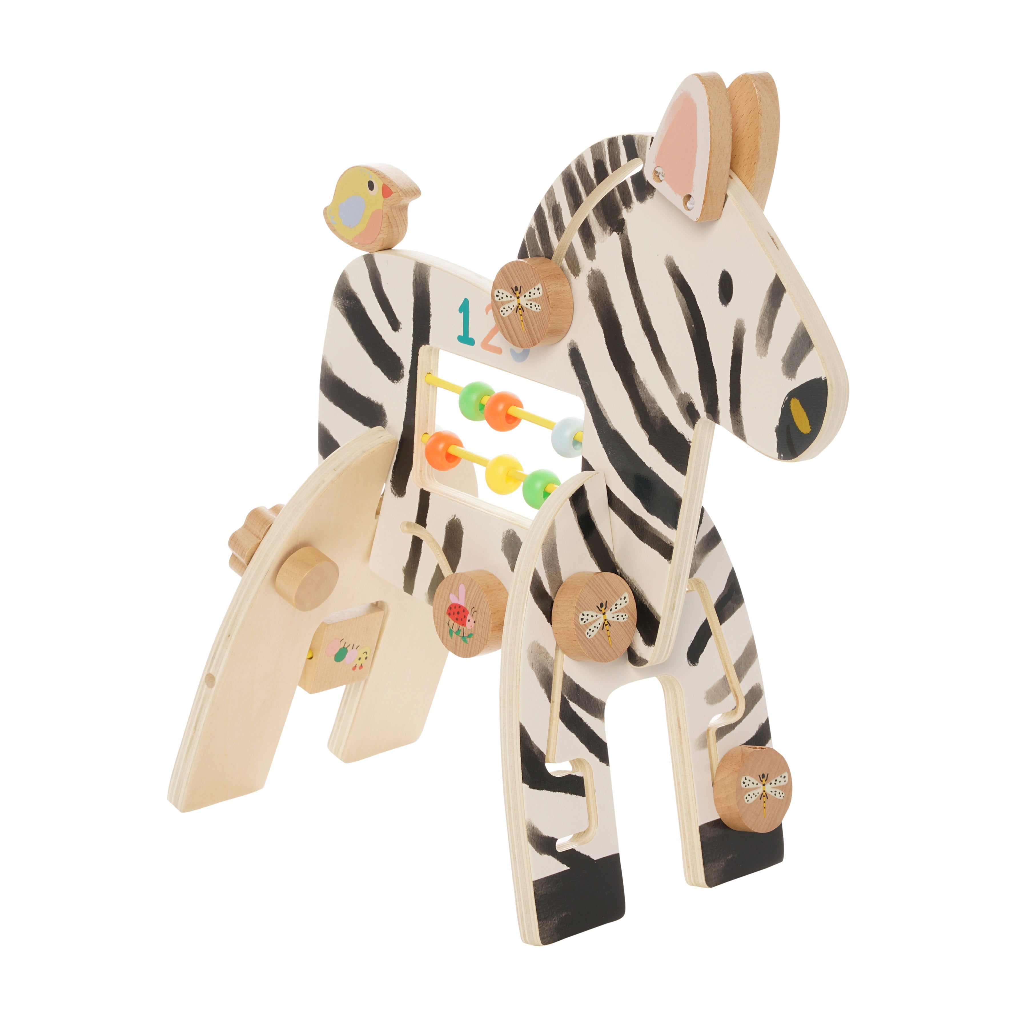 Wooden zebra-themed activity toy by Manhattan Toy featuring bead runs, wood gliders, and a springy bird on its back.