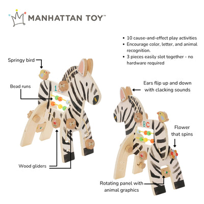 Manhattan Toy wooden zebra activity toy with labeled features including bead runs, spinning flower, springy bird, and rotating animal panels.