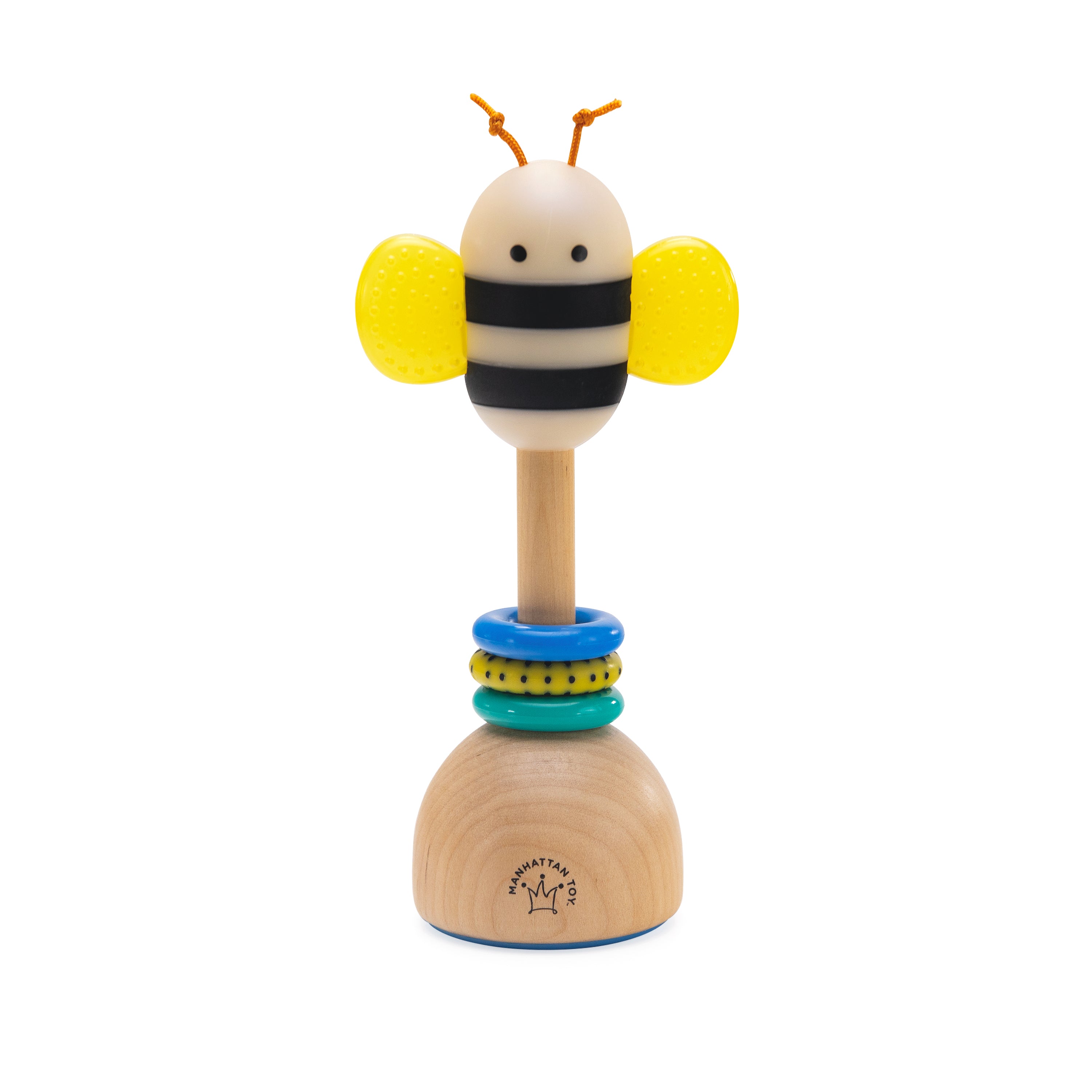 Bee themed wooden baby rattle with yellow textured wings and colorful stacking rings on a natural wood base.
