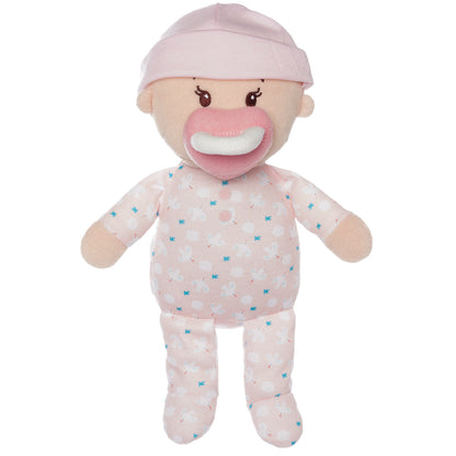 soft baby snuggle doll with peach skin that includes a magnetic pacifier and removable pink beanie hat