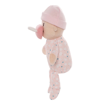 soft baby snuggle doll with peach skin that includes a magnetic pacifier 