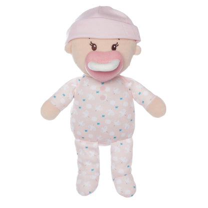soft baby snuggle doll with peach skin that includes a magnetic pacifier 
